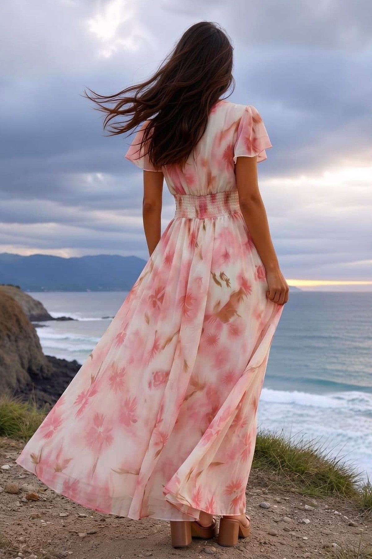 Abito lungo da cerimonia Ambra, stampa floreale, profondo scollo a V, rosa
