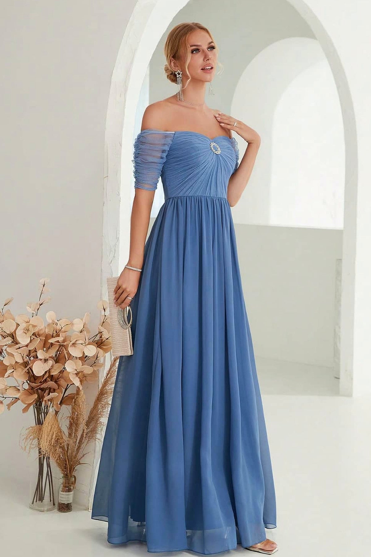 Abito lungo da cerimonia Diana, in tulle, corpetto senza spalline, blu e altri colori