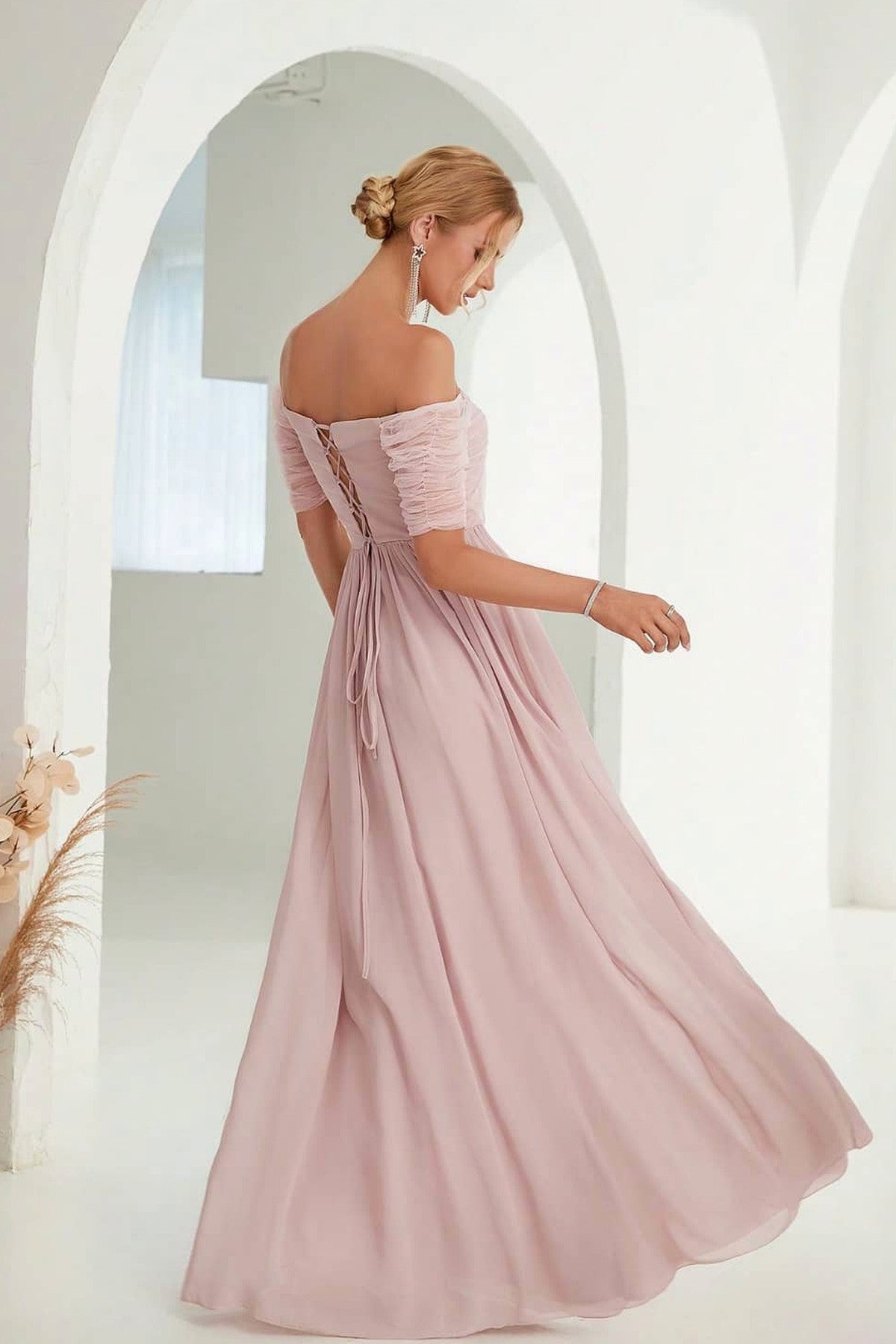 Abito lungo da cerimonia Diana, in tulle, corpetto senza spalline, blu e altri colori