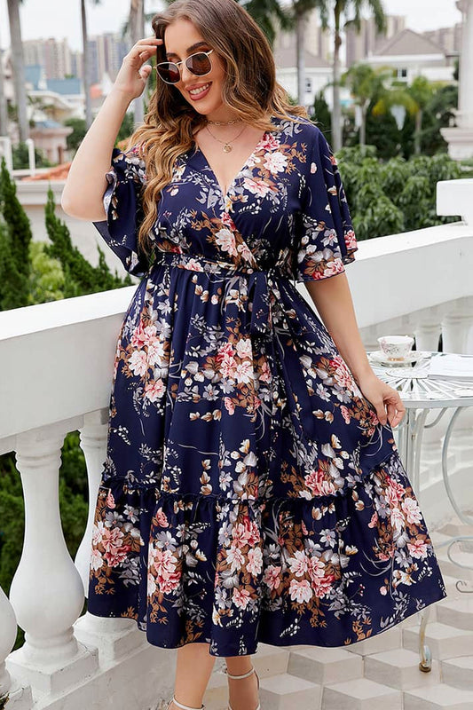 Abito midi da cerimonia Cristina, stampa floreale, scollo incrociato, blu navy