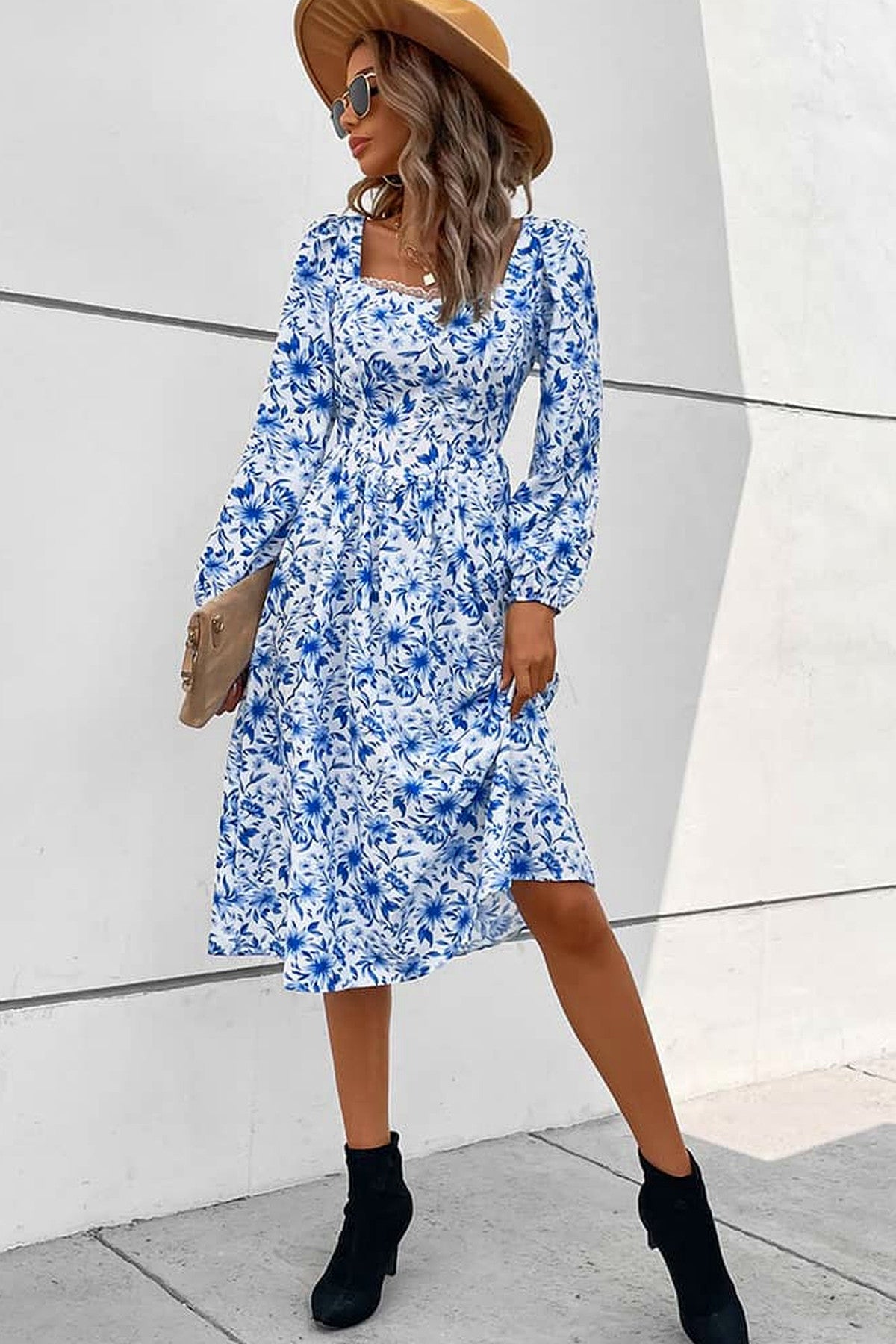 Abito midi da cerimonia Sara, stampa floreale, scollo quadrato, azzurro