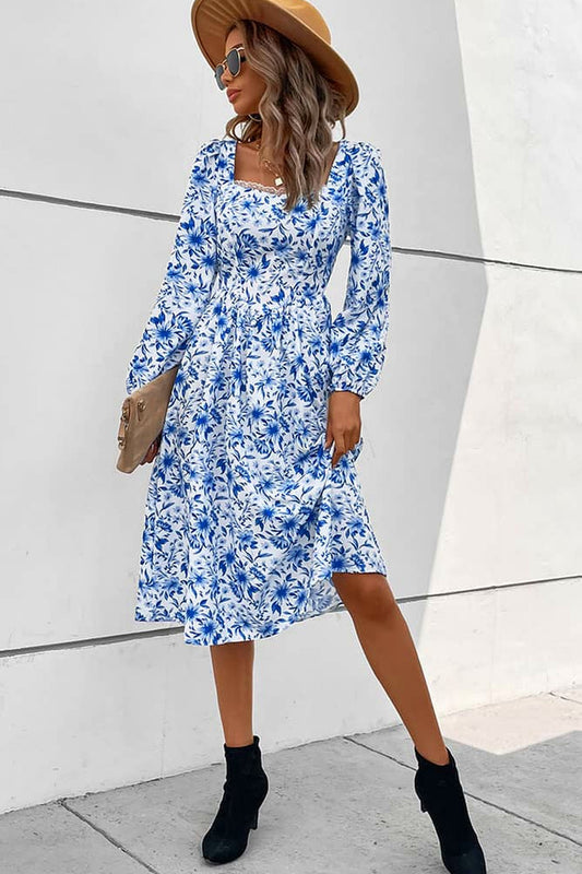 Abito midi da cerimonia Sara, stampa floreale, scollo quadrato, azzurro