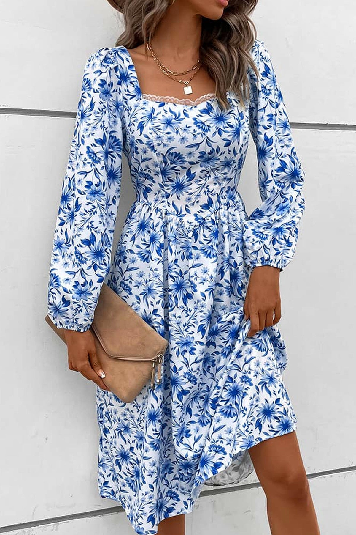 Abito midi da cerimonia Sara, stampa floreale, scollo quadrato, azzurro