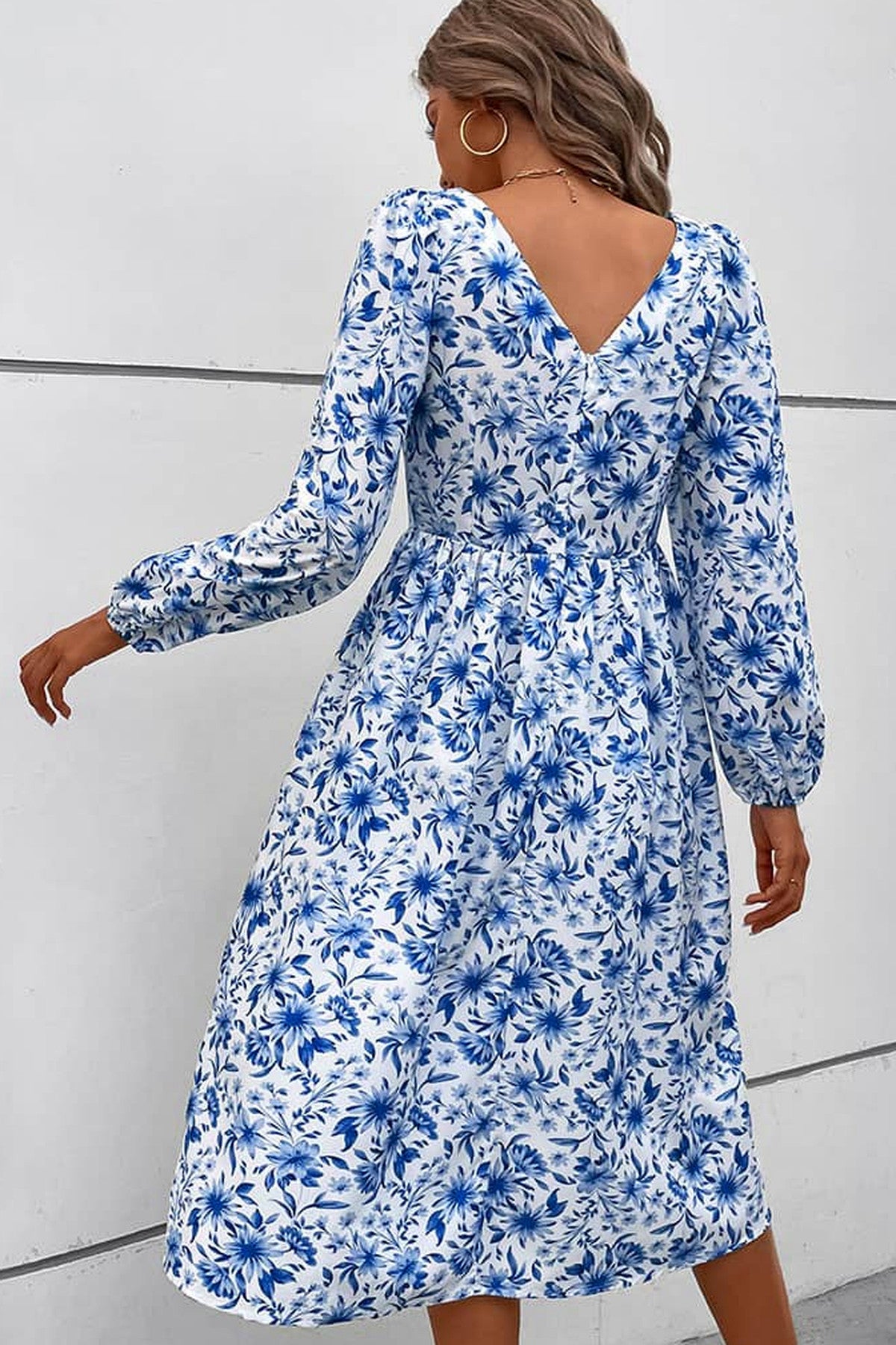 Abito midi da cerimonia Sara, stampa floreale, scollo quadrato, azzurro