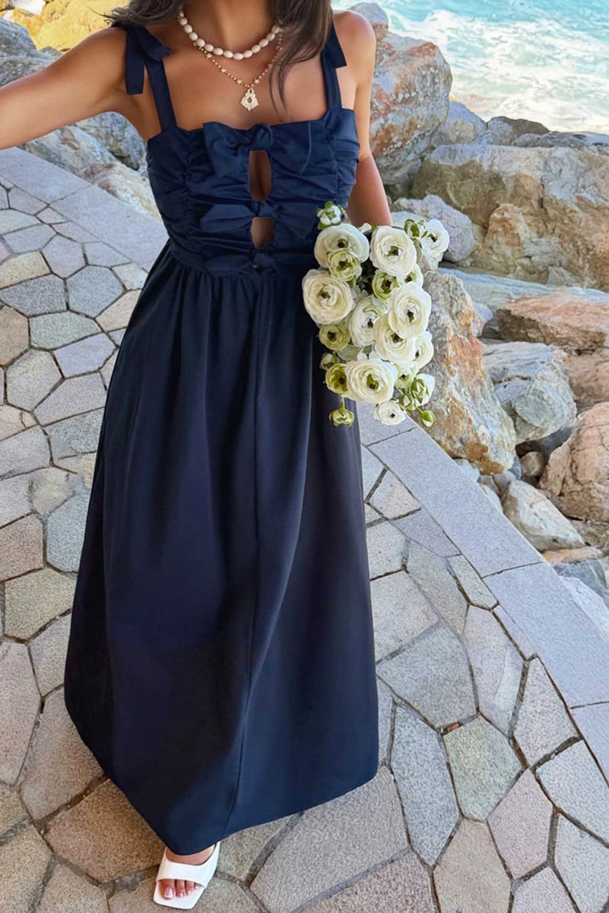 Abito lungo da cerimonia Allegra, spalline sottili, linea morbida e svasata, blu navy e altri colori