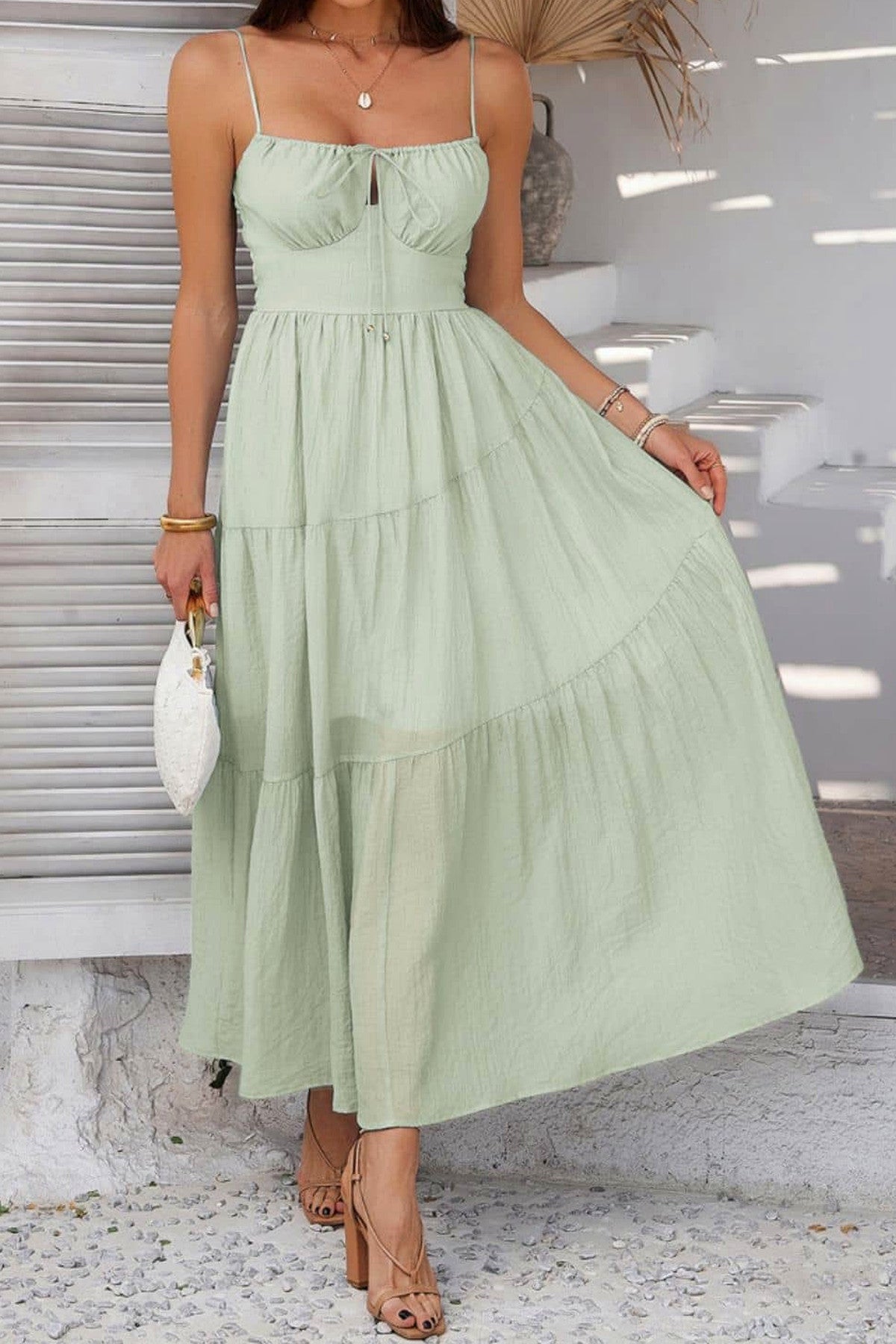 Abito lungo da cerimonia Irene, corpetto senza spalline, spalline sottili, verde e altri colori