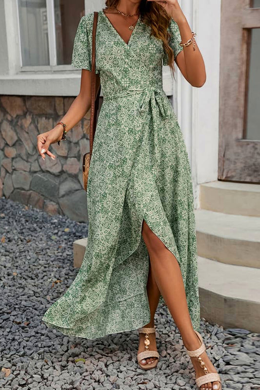 Abito lungo da cerimonia Paola, stampa floreale, scollo incrociato, verde e altri colori