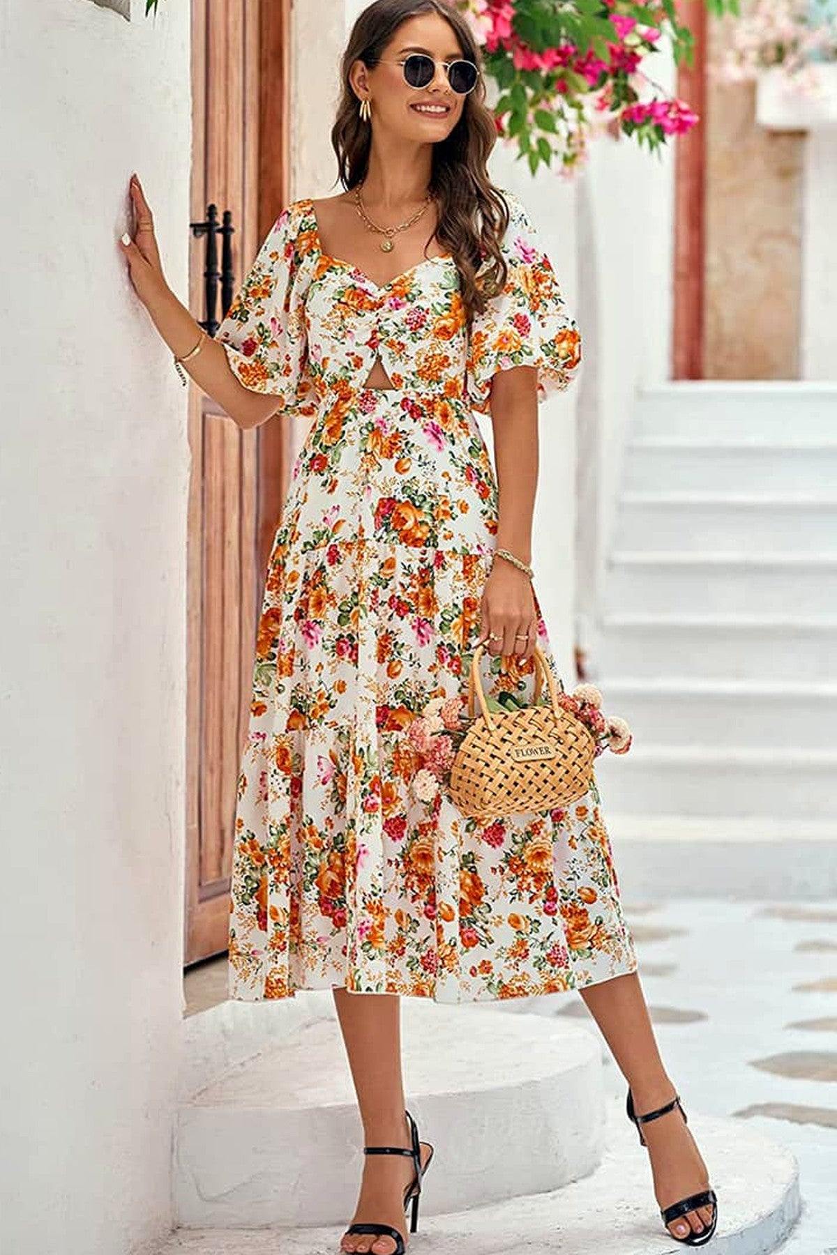 Abito midi da cerimonia Viola, stampa floreale, scollo quadrato, bianco