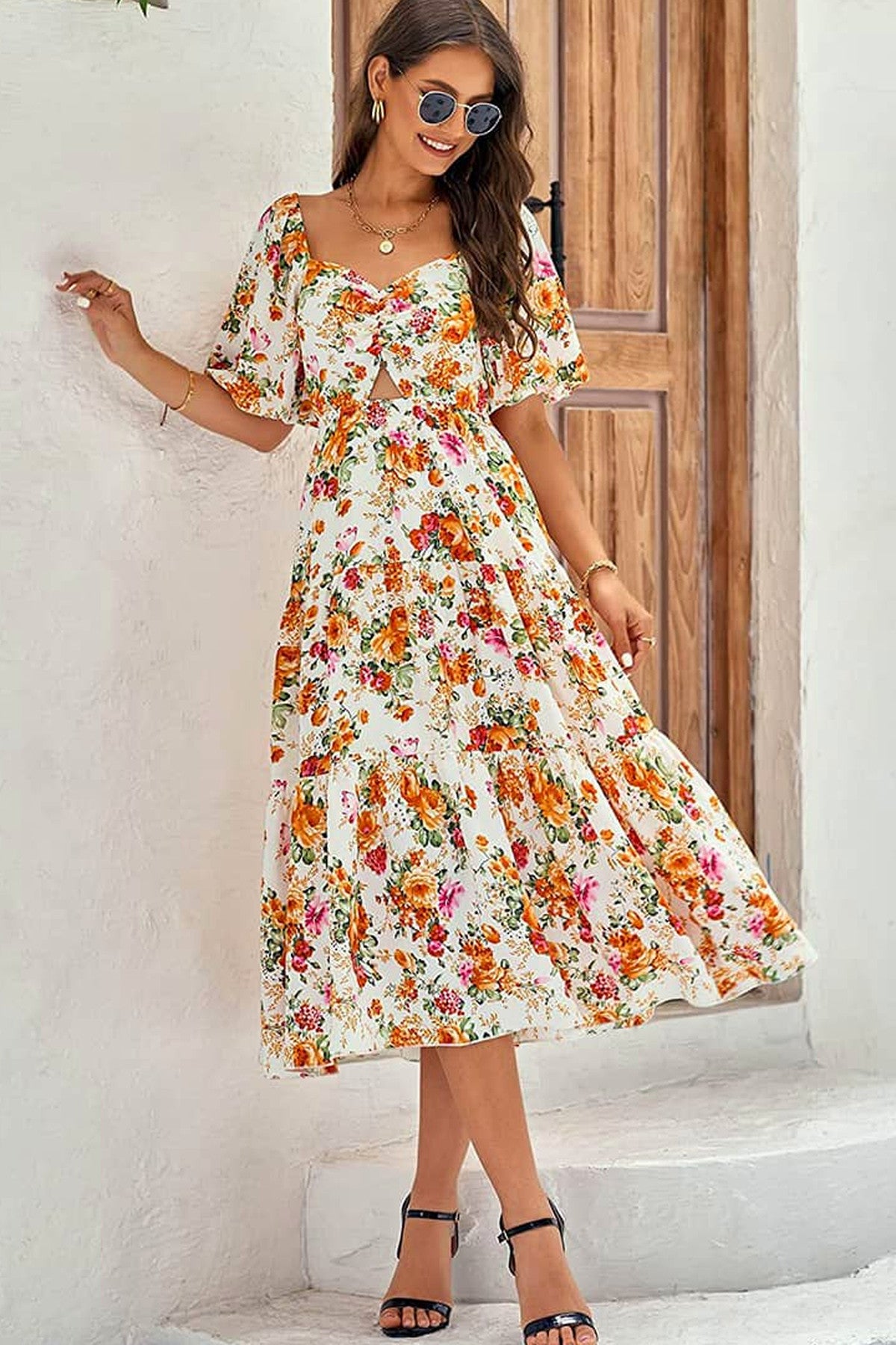 Abito midi da cerimonia Viola, stampa floreale, scollo quadrato, bianco
