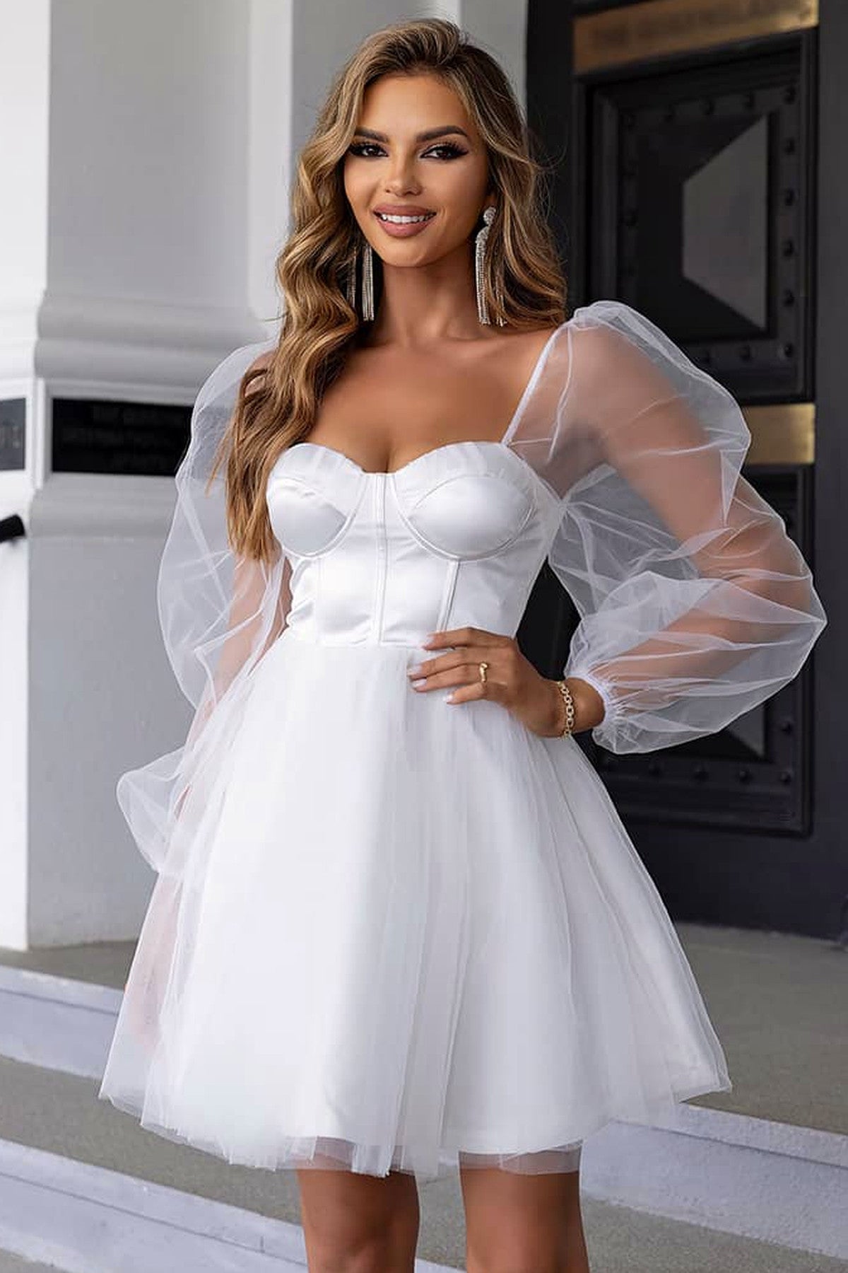 Abito corto da cerimonia Sofia, in tulle, schiena scoperta, bianco