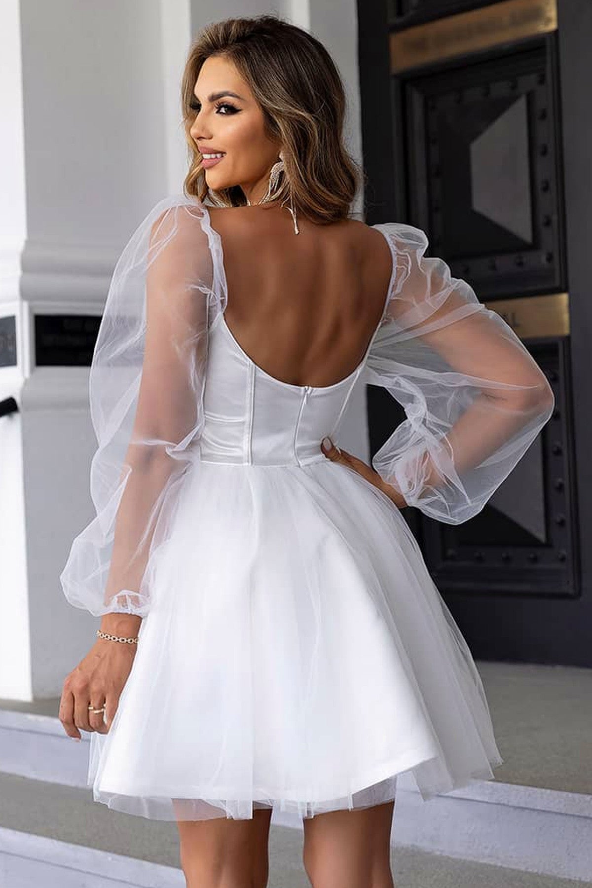 Abito corto da cerimonia Sofia, in tulle, schiena scoperta, bianco