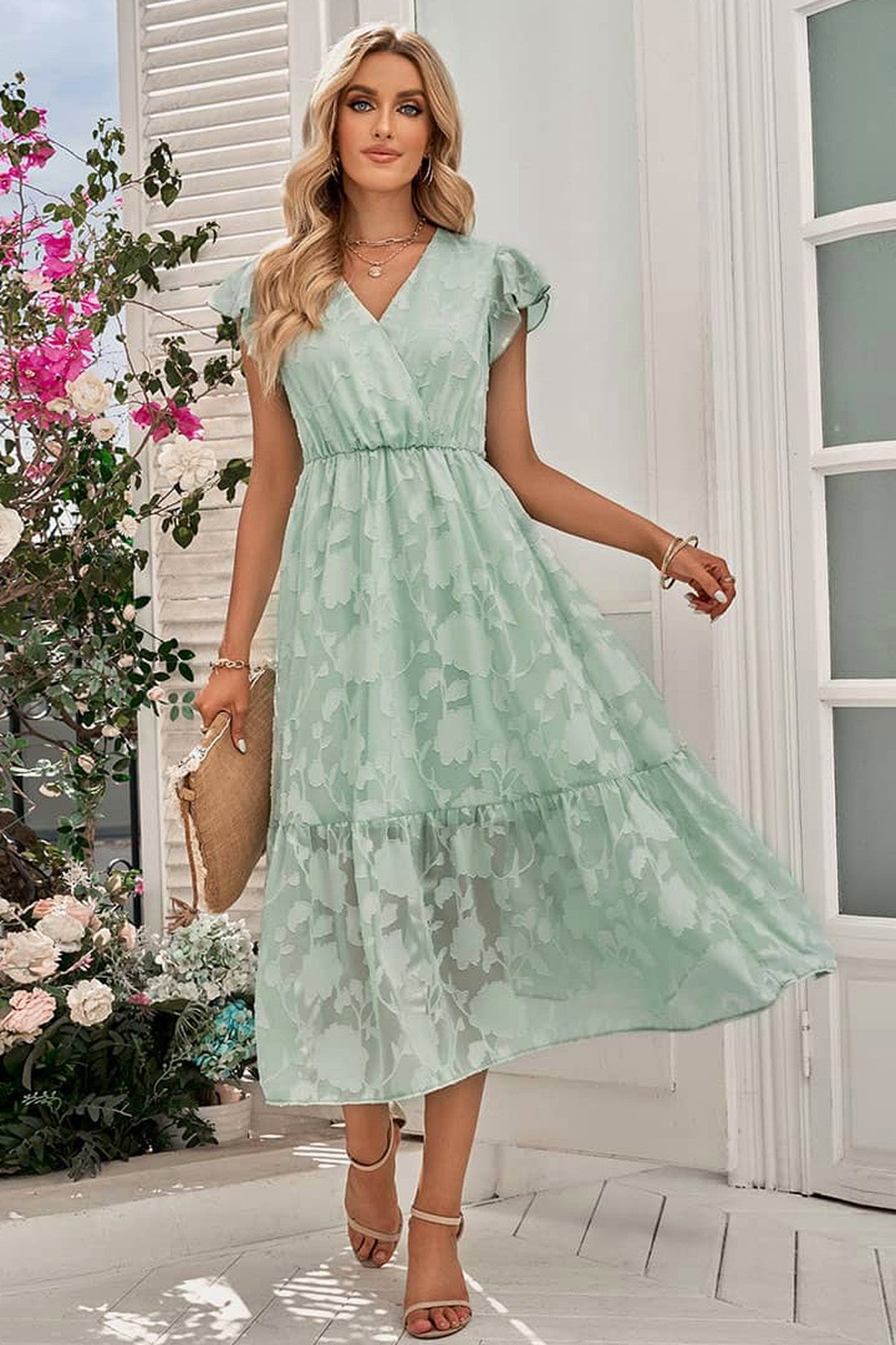 Abito midi da cerimonia Lidia, stampa floreale, scollo incrociato, verde menta e altri colori