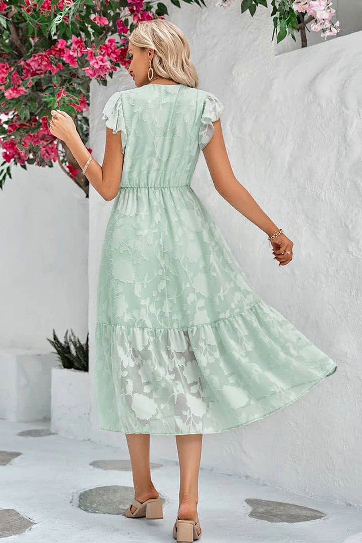 Abito midi da cerimonia Lidia, stampa floreale, scollo incrociato, verde menta e altri colori