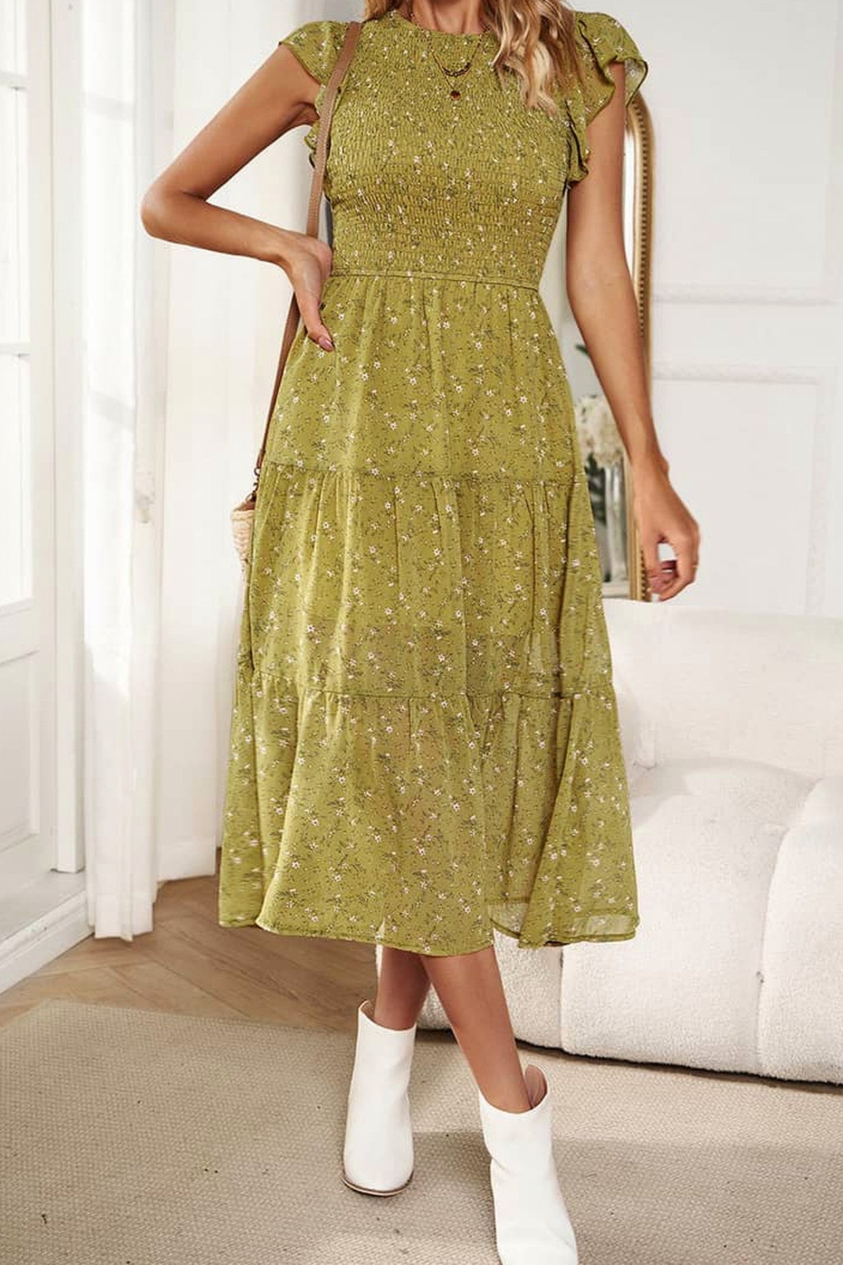Abito midi da cerimonia Veronica, stampa floreale, maniche corte, giallo