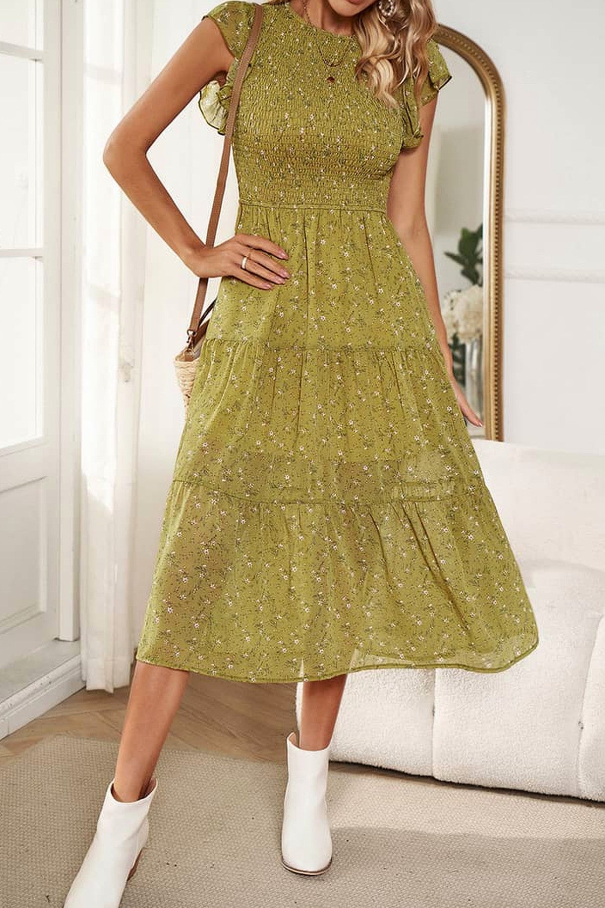 Abito midi da cerimonia Veronica, stampa floreale, maniche corte, giallo