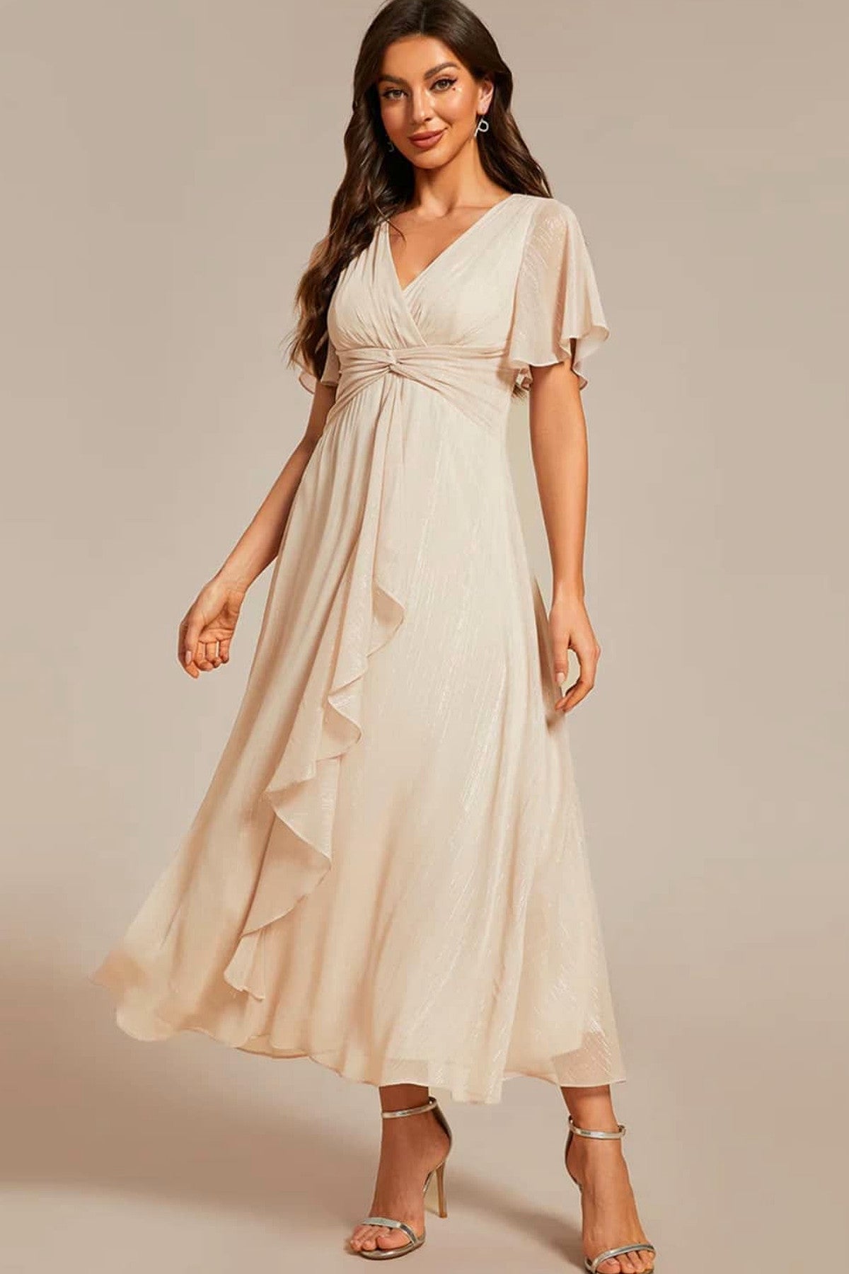 Abito midi da cerimonia Eleonora, scollo a V, maniche corte, beige e altri colori