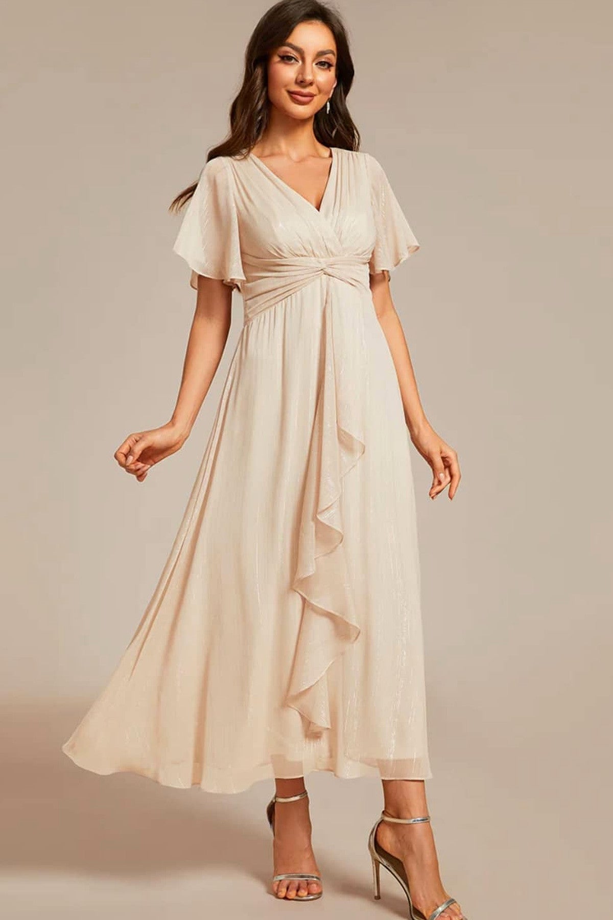 Abito midi da cerimonia Eleonora, scollo a V, maniche corte, beige e altri colori