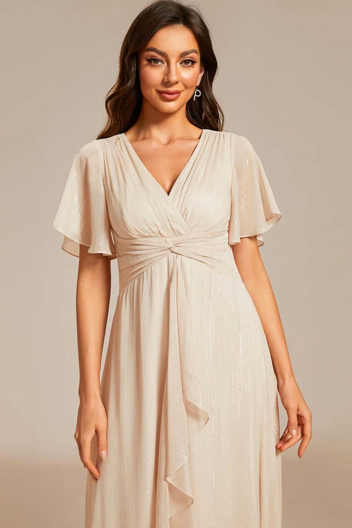 Abito midi da cerimonia Eleonora, scollo a V, maniche corte, beige e altri colori