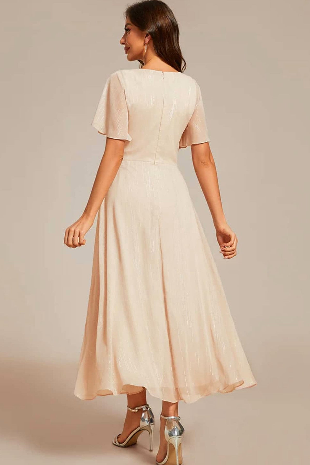 Abito midi da cerimonia Eleonora, scollo a V, maniche corte, beige e altri colori