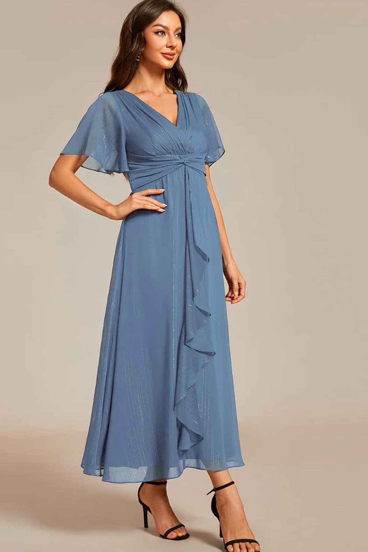 Abito midi da cerimonia Eleonora, scollo a V, maniche corte, beige e altri colori