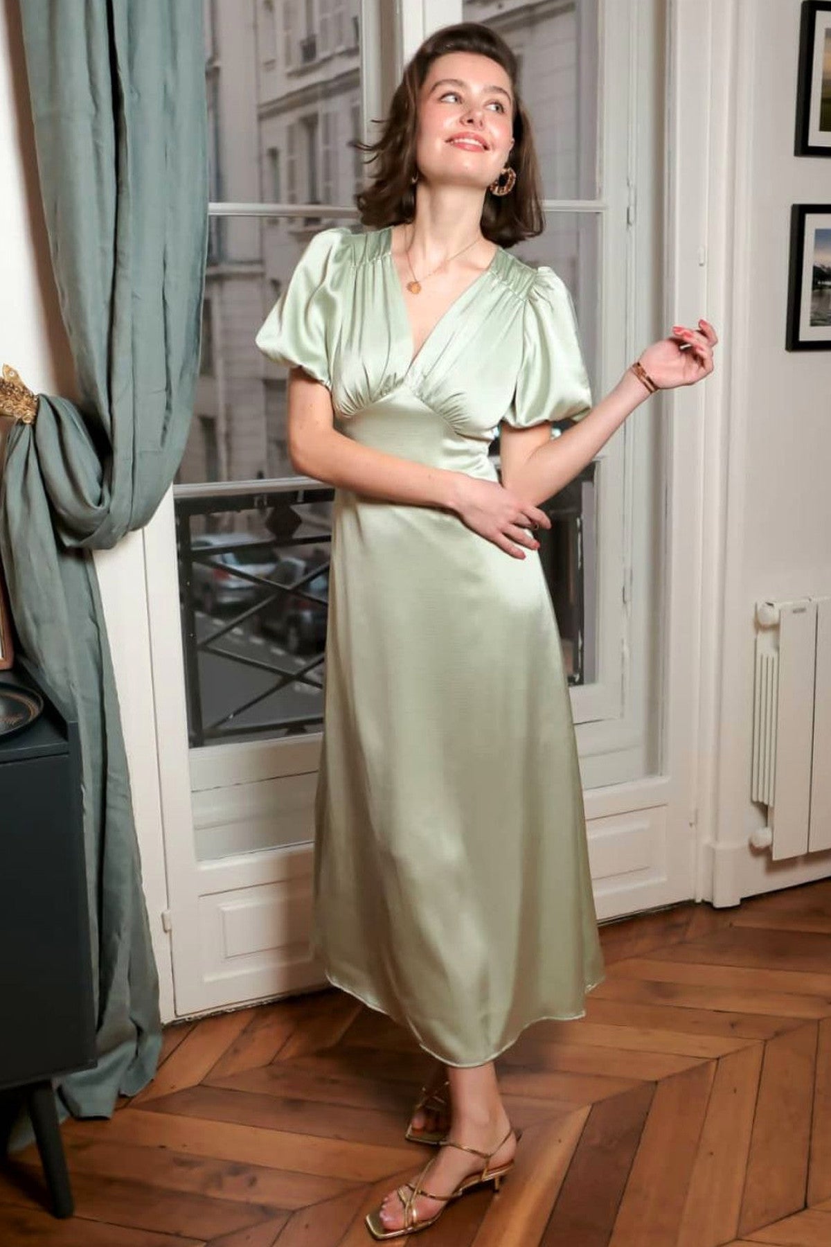 Abito lungo da cerimonia Letizia, in raso, scollo a V, verde e altri colori