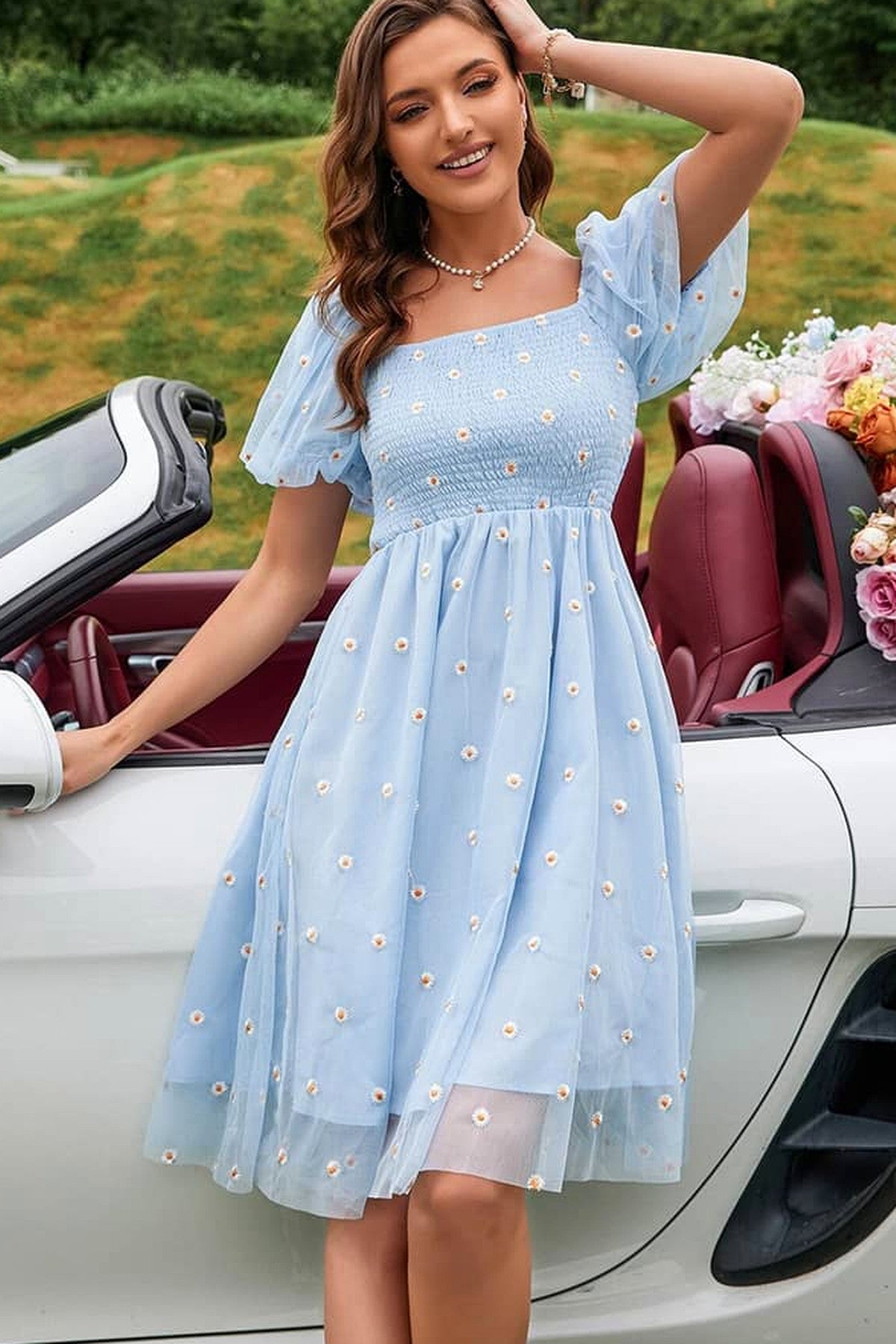 Abito corto da cerimonia Fabiola, stampa floreale, in tulle, blu
