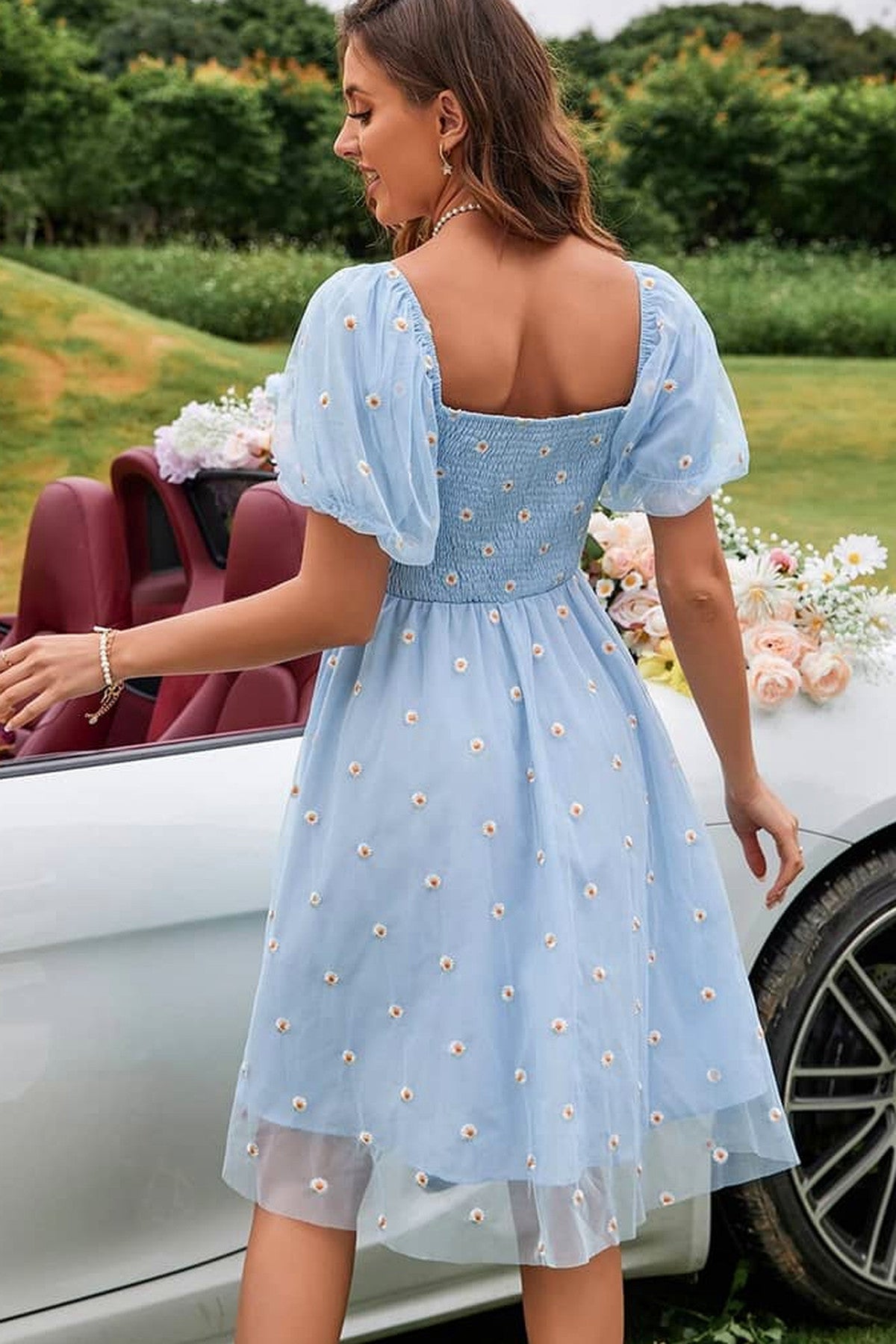 Abito corto da cerimonia Fabiola, stampa floreale, in tulle, blu