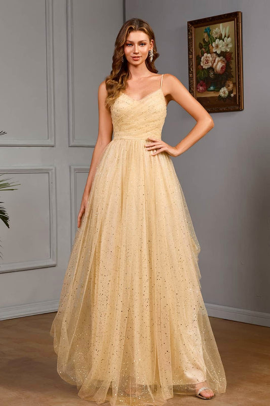 Abito lungo da cerimonia Lara, in tulle, scollo incrociato, beige e altri colori