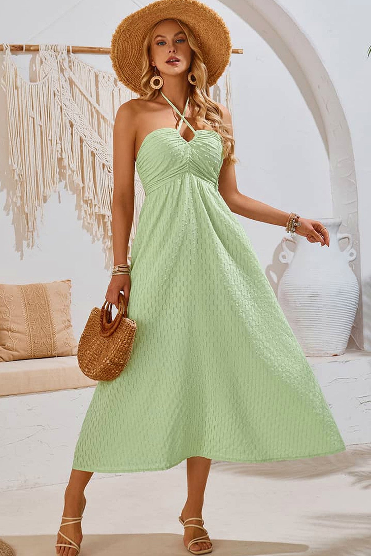 Abito lungo da cerimonia Perla, scollo all'americana, vita alta, verde e altri colori