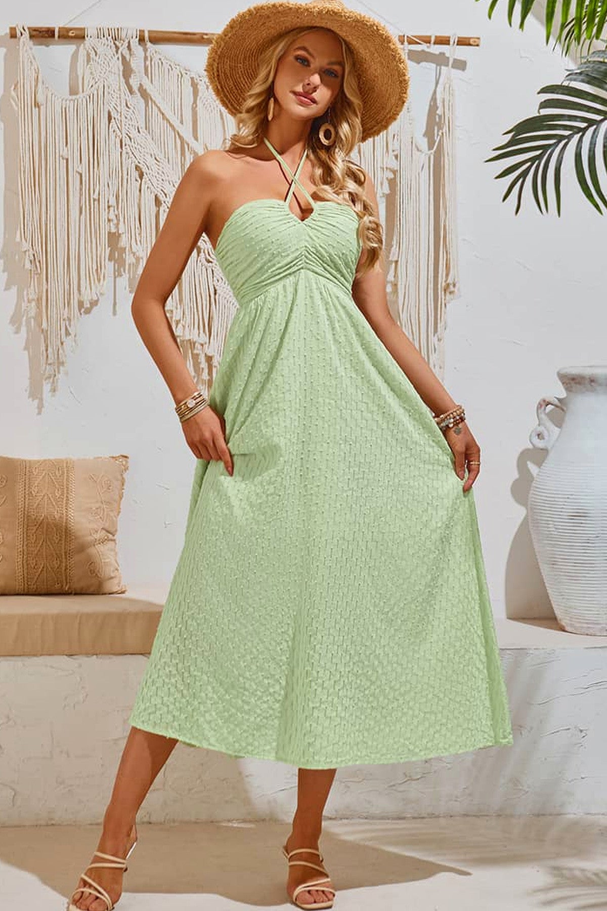 Abito lungo da cerimonia Perla, scollo all'americana, vita alta, verde e altri colori