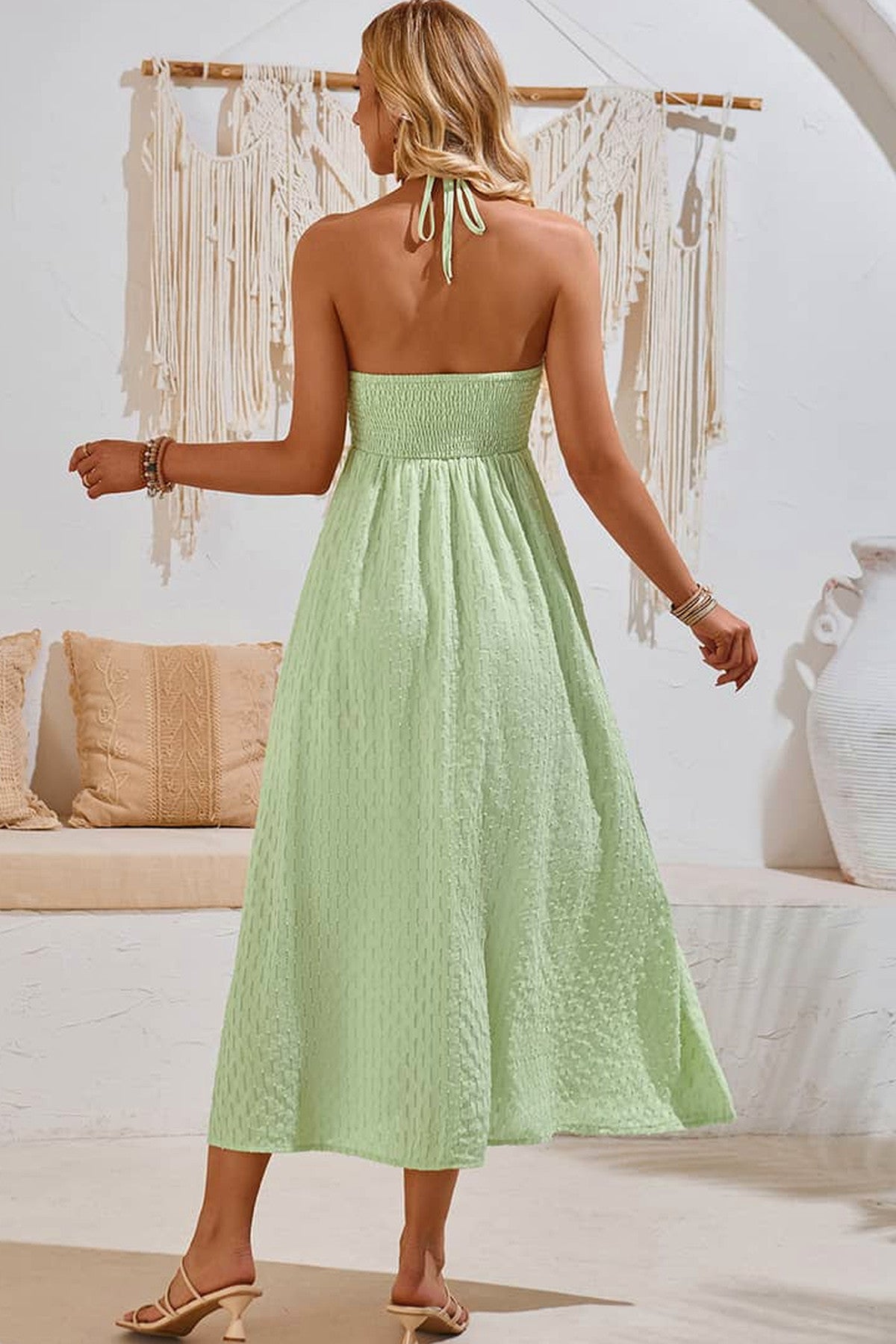 Abito lungo da cerimonia Perla, scollo all'americana, vita alta, verde e altri colori