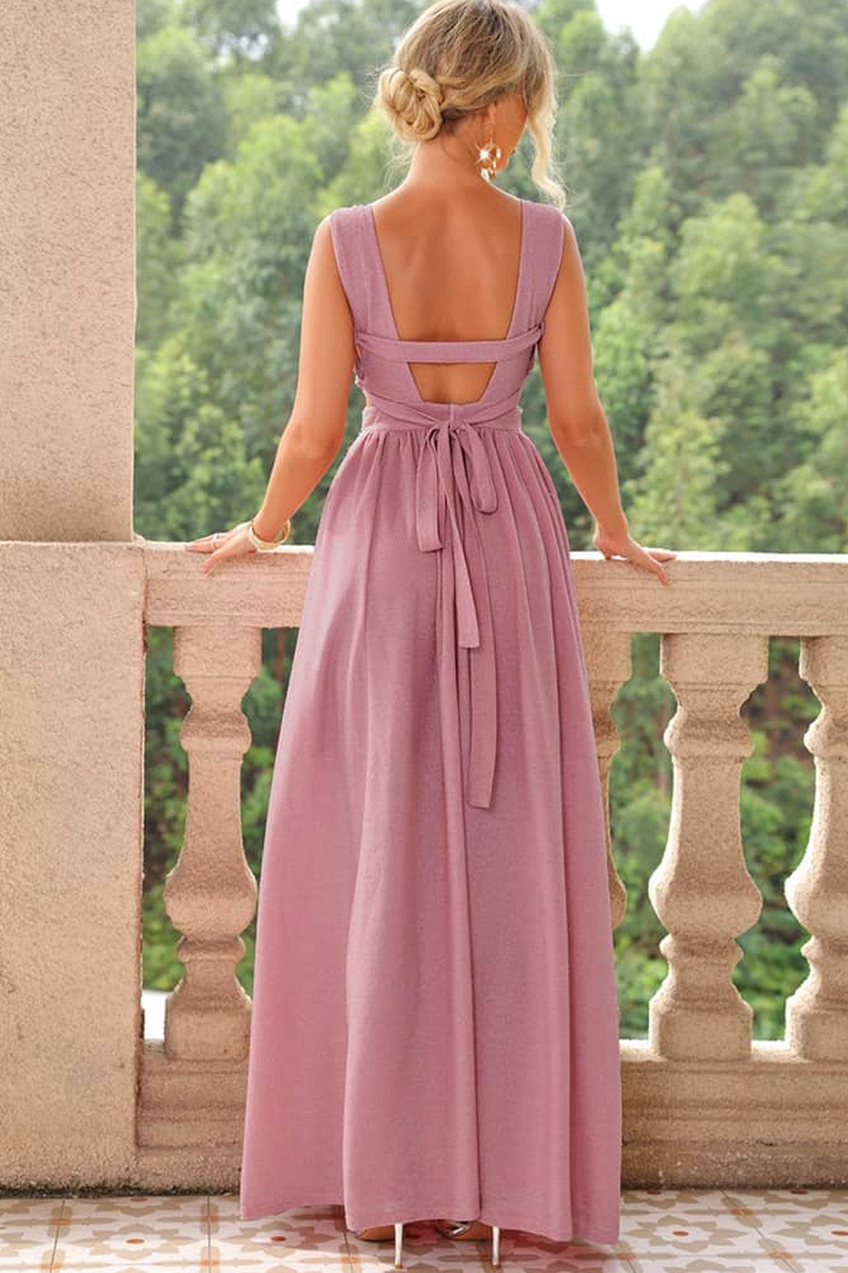 Abito lungo da cerimonia Mila, schiena scoperta, vita alta, rosa