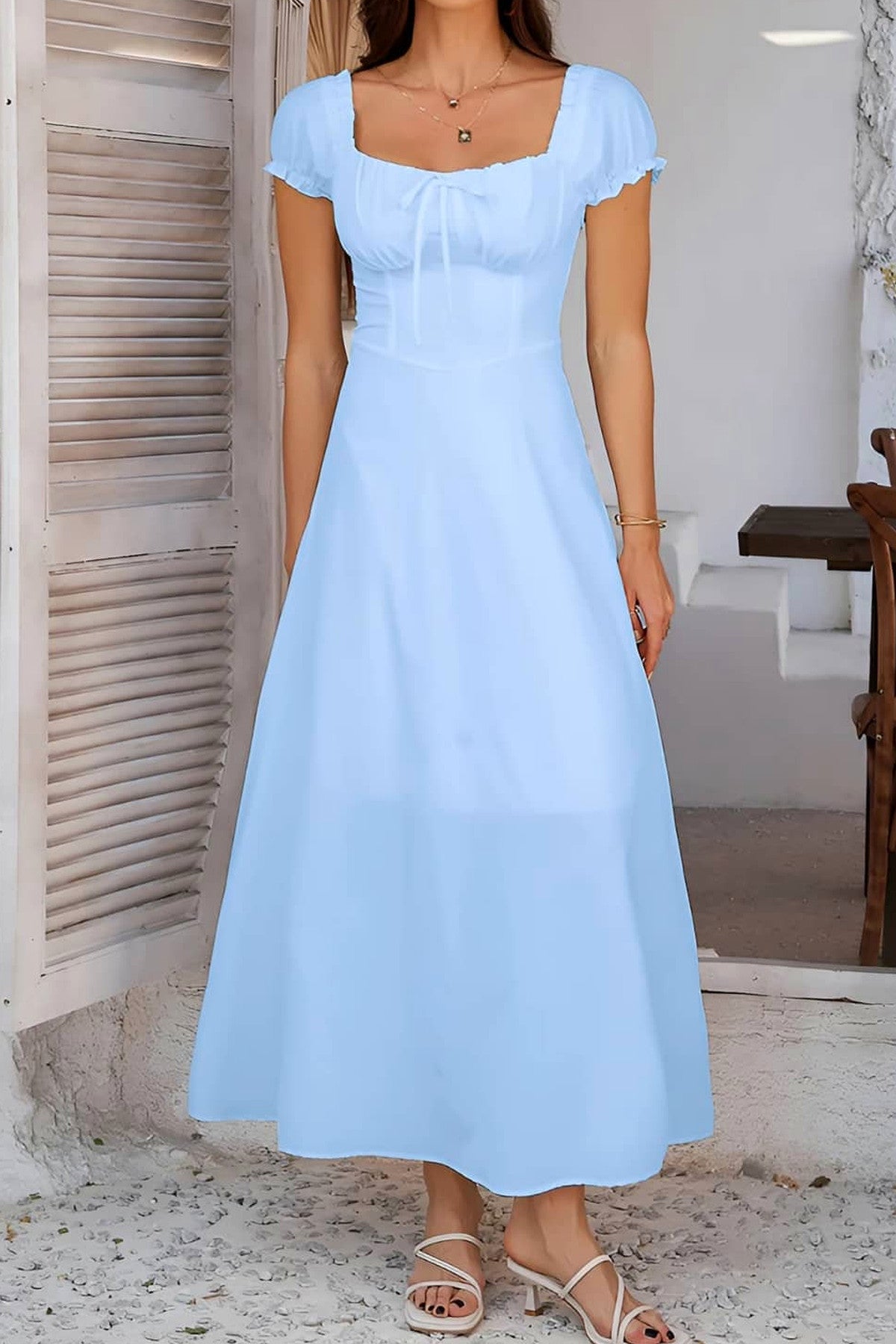 Abito lungo da cerimonia Fiorella, scollo quadrato, maniche a sbuffo, azzurro e altri colori
