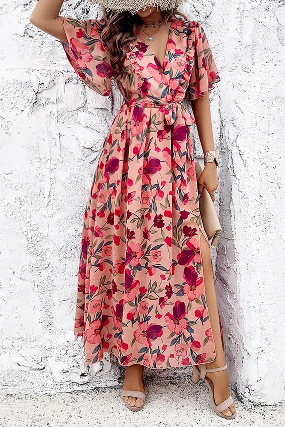 Abito lungo da cerimonia Nina, stampa floreale, scollo incrociato, terracotta