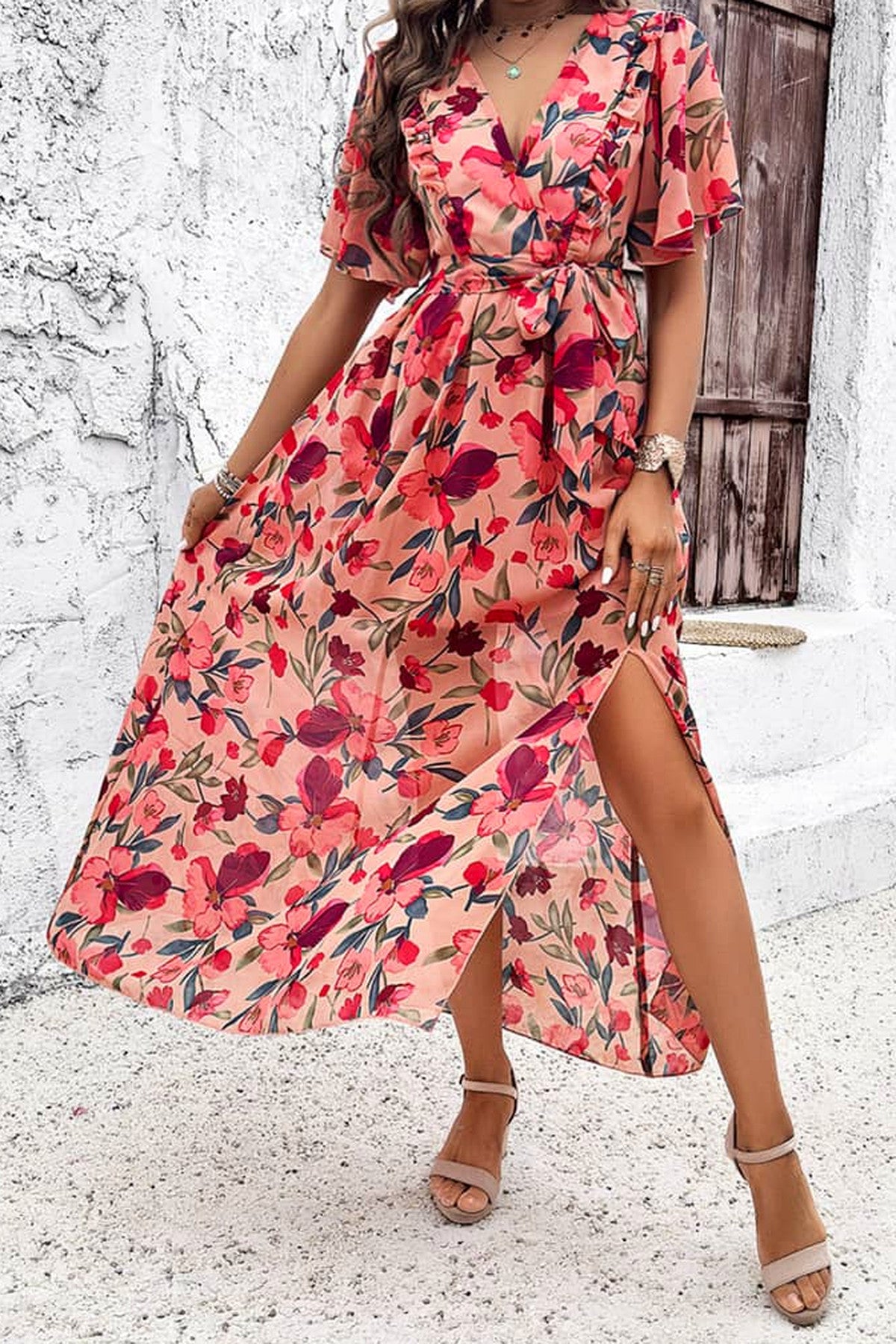 Abito lungo da cerimonia Nina, stampa floreale, scollo incrociato, terracotta