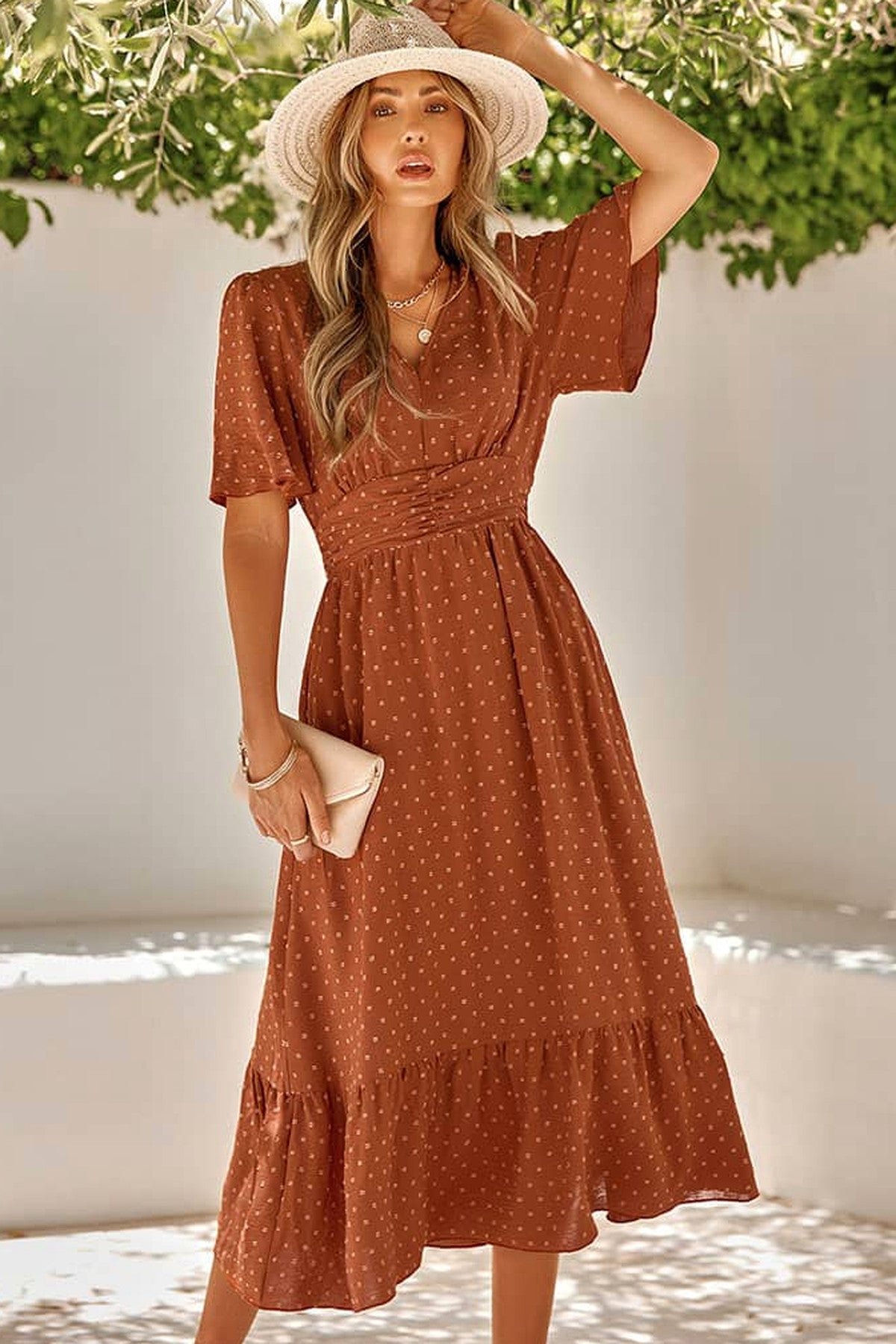 Abito lungo da cerimonia Lucia, fantasia a pois, scollo a V, terracotta e altri colori