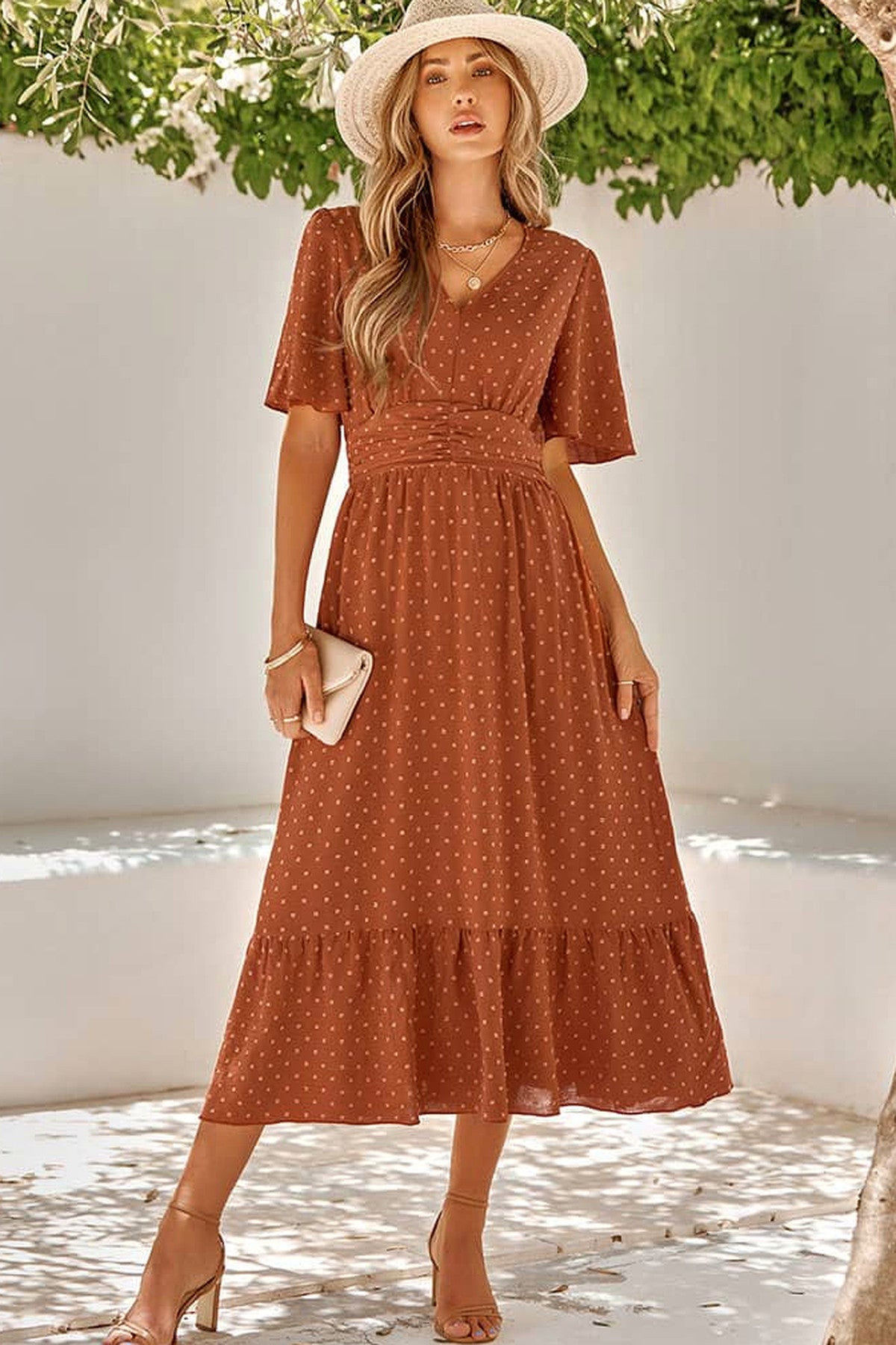 Abito lungo da cerimonia Lucia, fantasia a pois, scollo a V, terracotta e altri colori