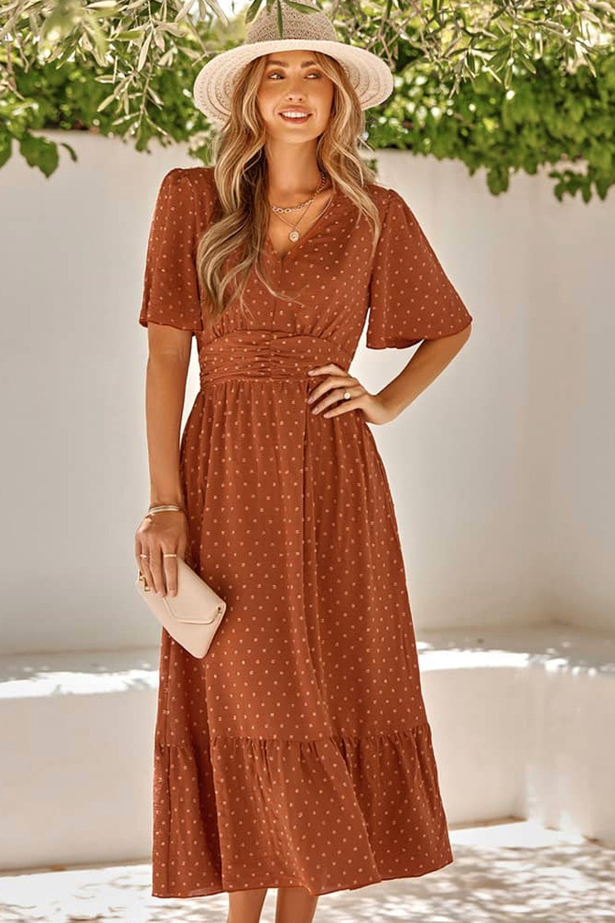 Abito lungo da cerimonia Lucia, fantasia a pois, scollo a V, terracotta e altri colori