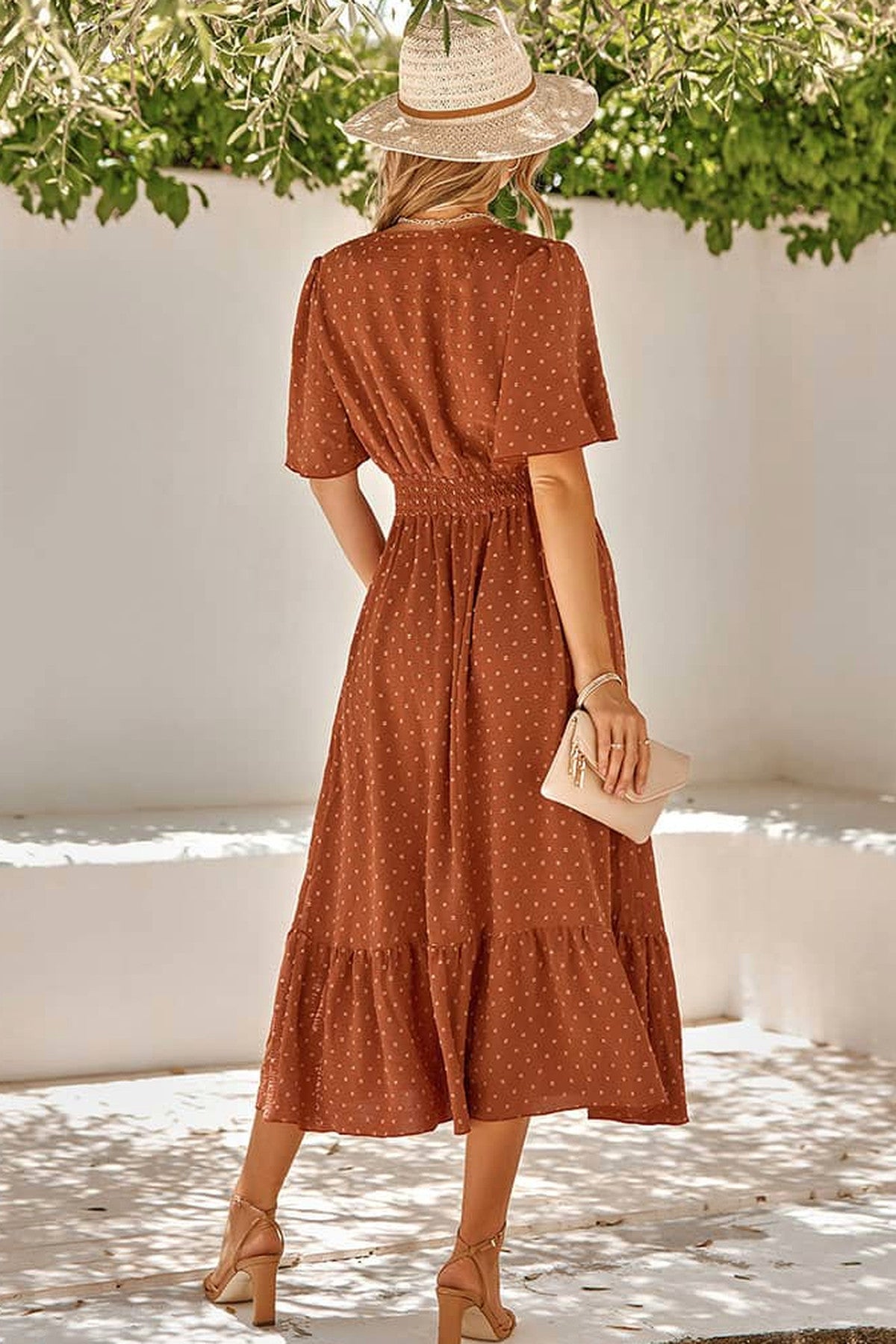 Abito lungo da cerimonia Lucia, fantasia a pois, scollo a V, terracotta e altri colori