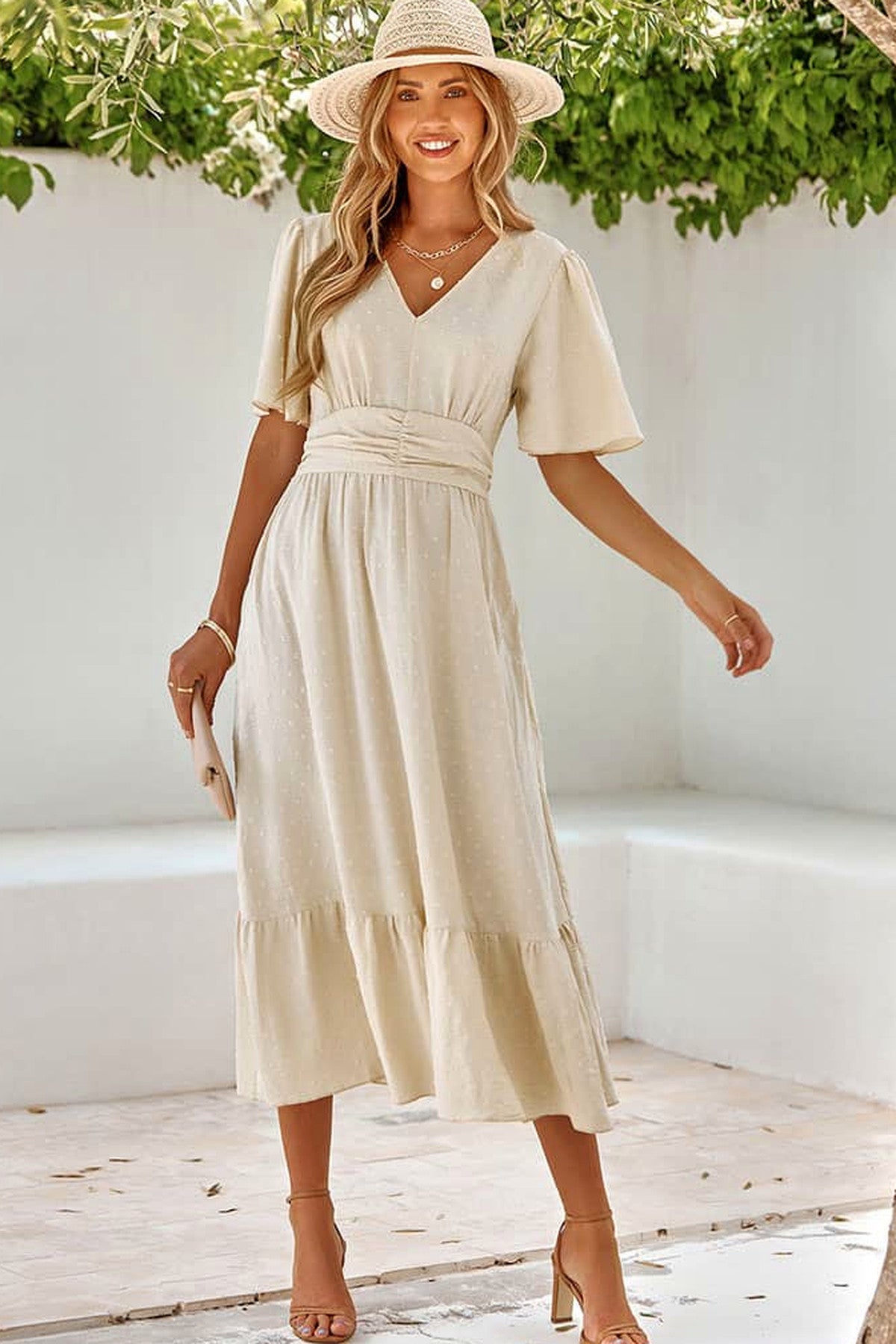 Abito lungo da cerimonia Lucia, fantasia a pois, scollo a V, terracotta e altri colori
