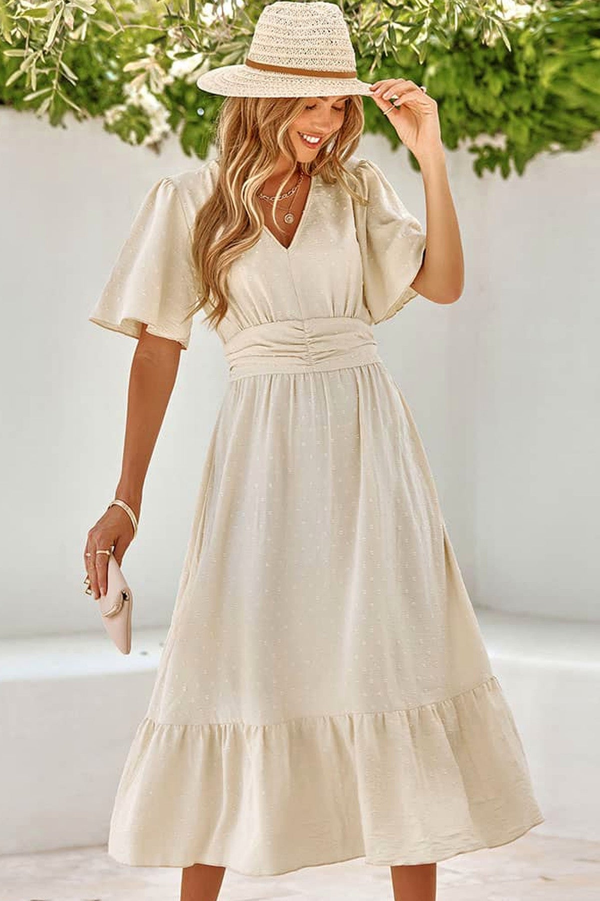 Abito lungo da cerimonia Lucia, fantasia a pois, scollo a V, terracotta e altri colori