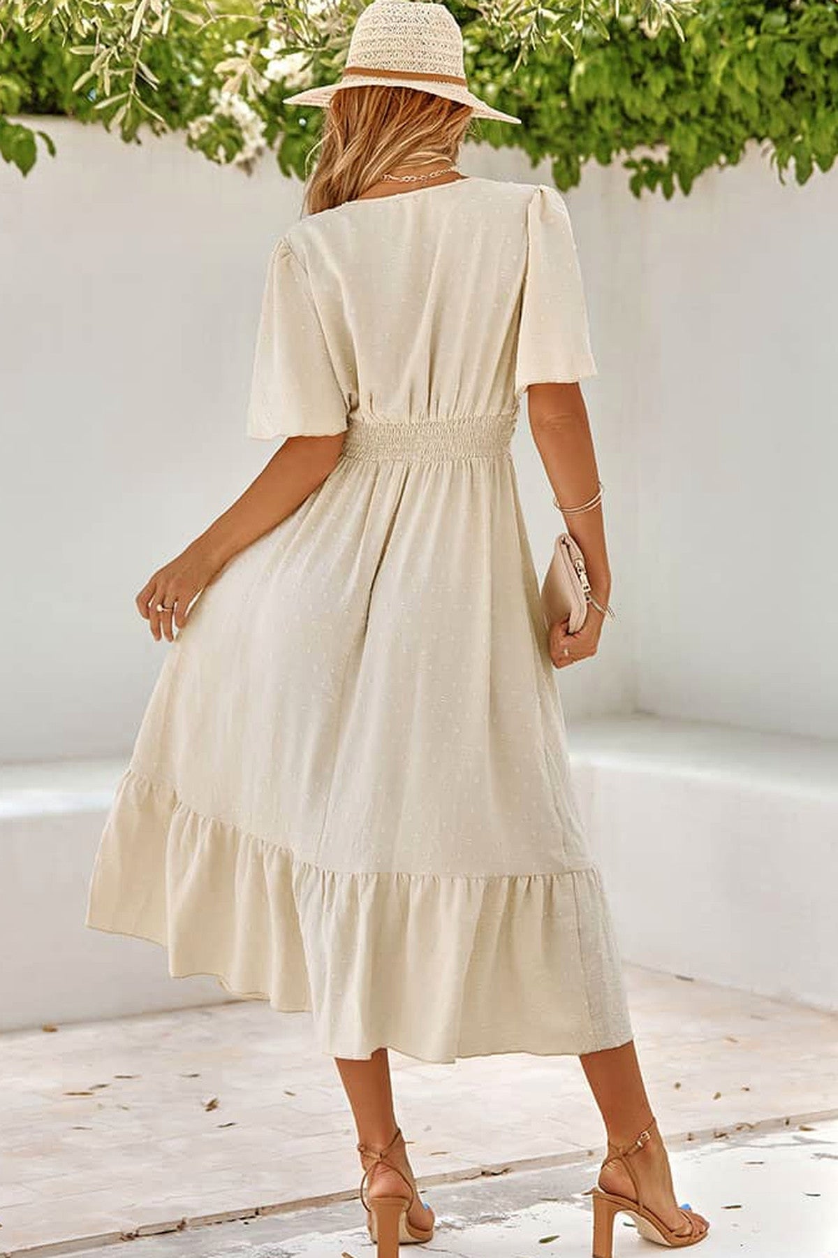 Abito lungo da cerimonia Lucia, fantasia a pois, scollo a V, terracotta e altri colori