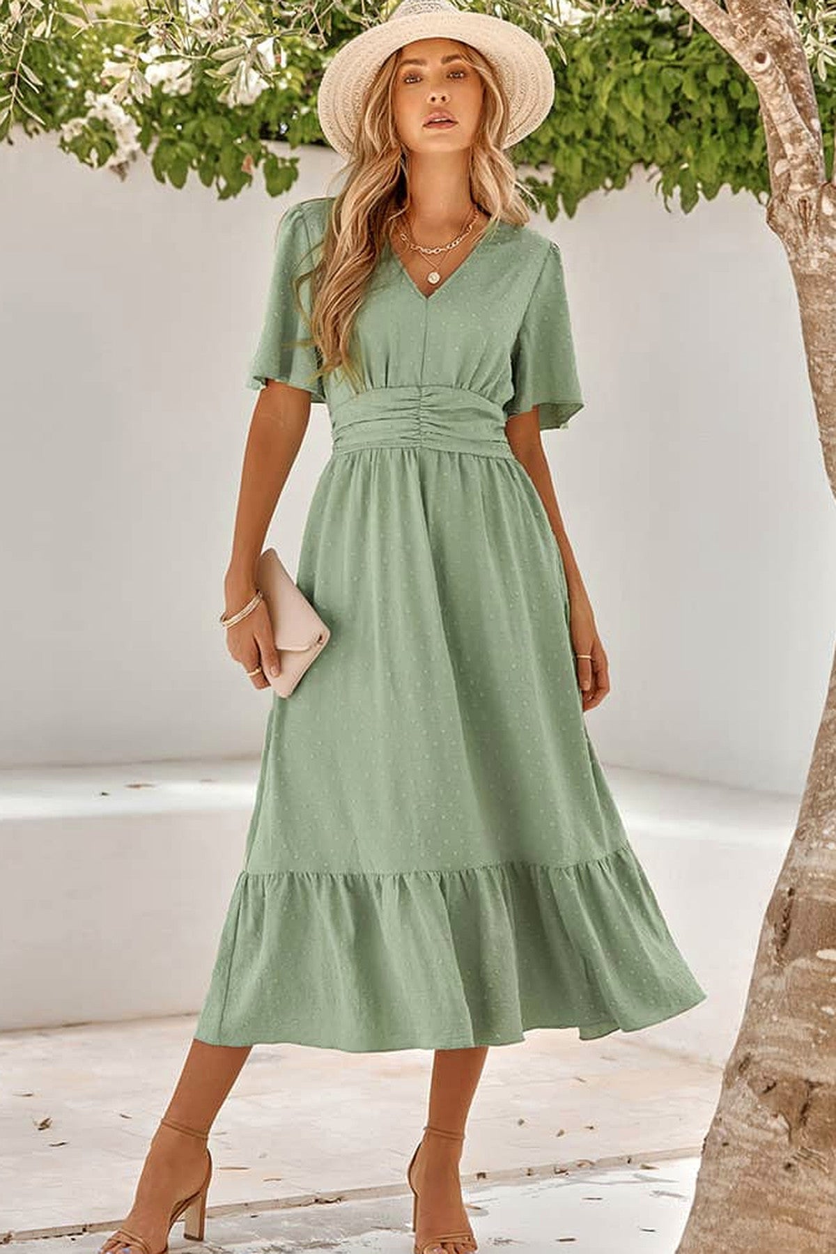 Abito lungo da cerimonia Lucia, fantasia a pois, scollo a V, terracotta e altri colori