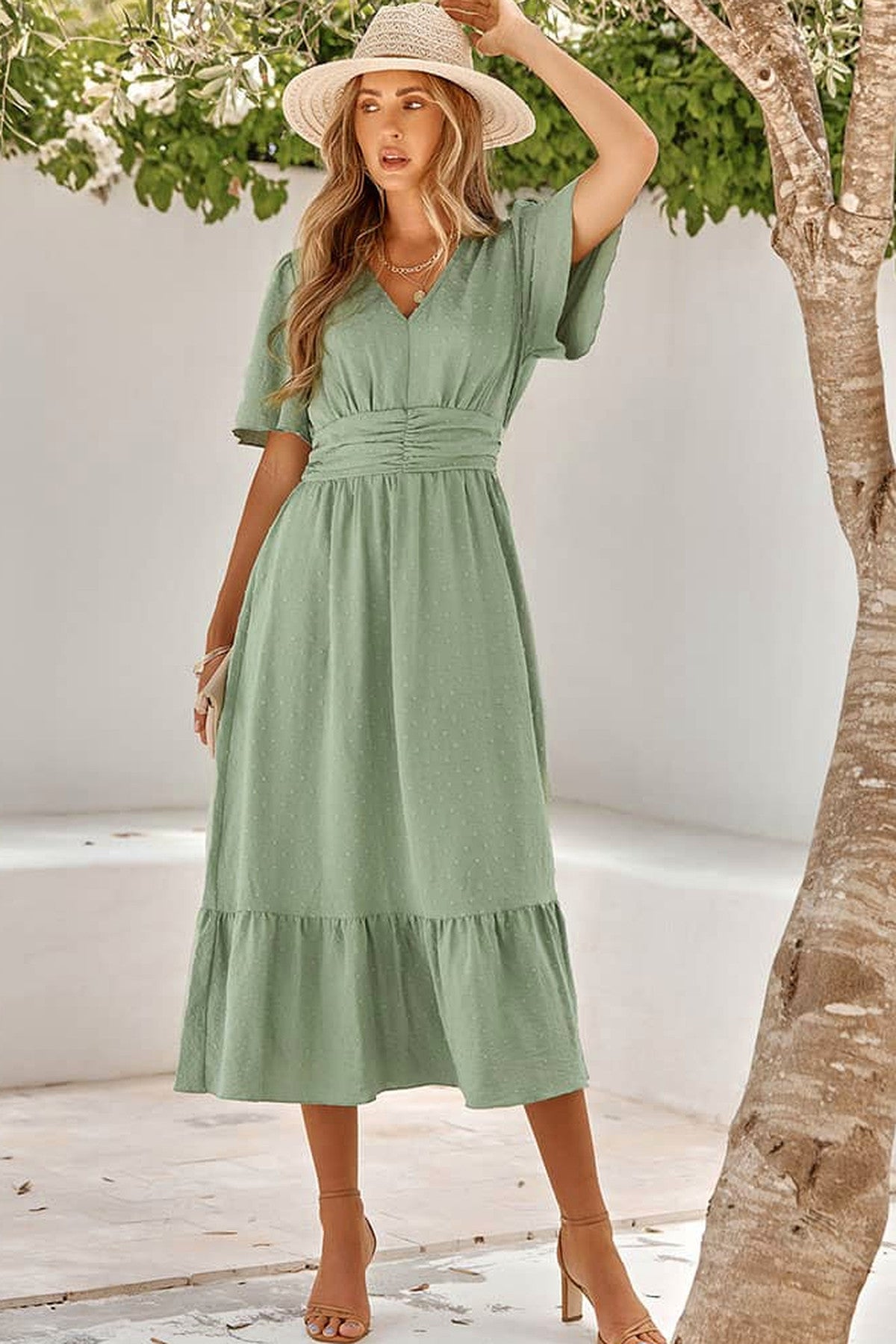 Abito lungo da cerimonia Lucia, fantasia a pois, scollo a V, terracotta e altri colori