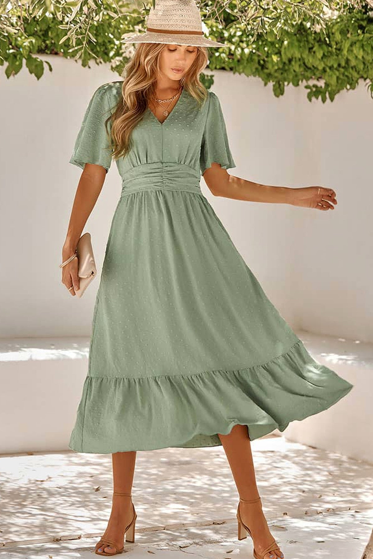 Abito lungo da cerimonia Lucia, fantasia a pois, scollo a V, terracotta e altri colori
