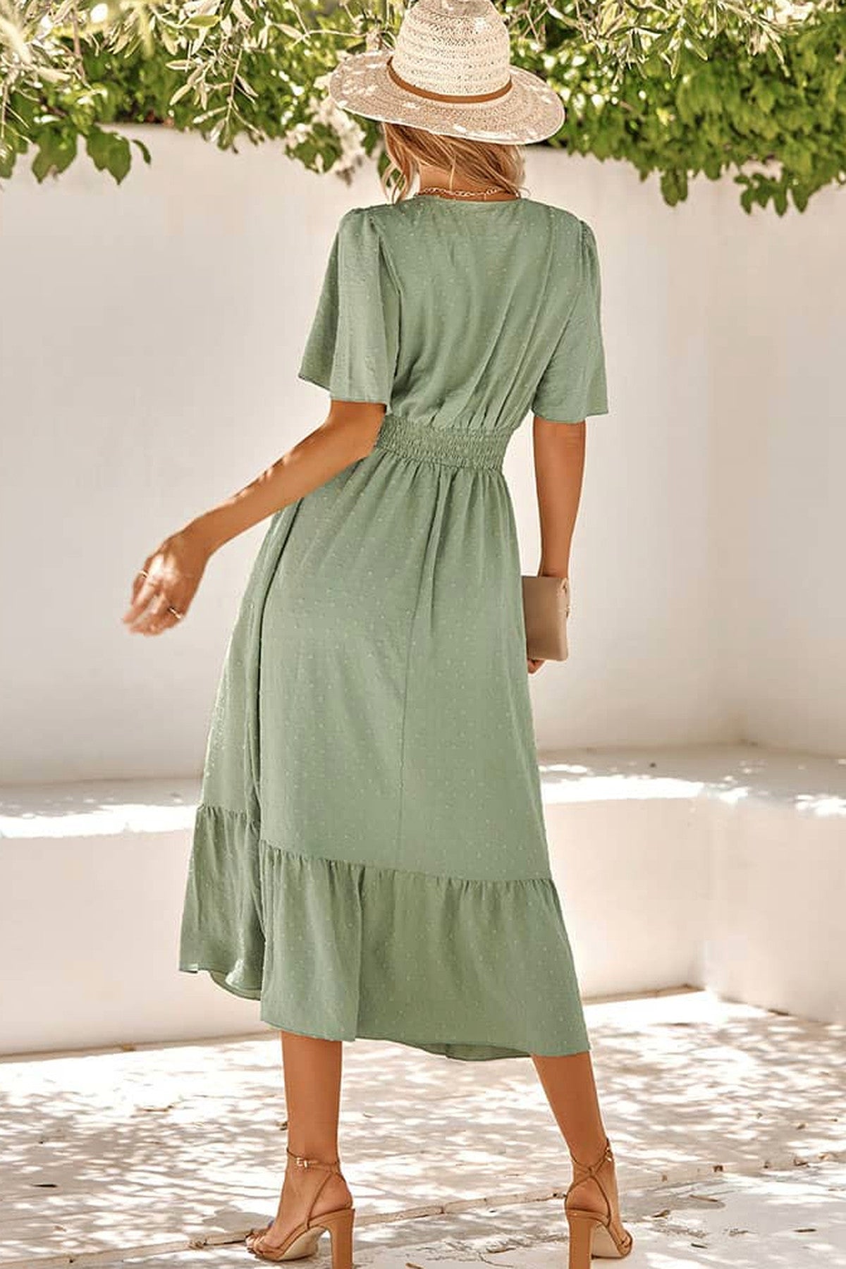 Abito lungo da cerimonia Lucia, fantasia a pois, scollo a V, terracotta e altri colori