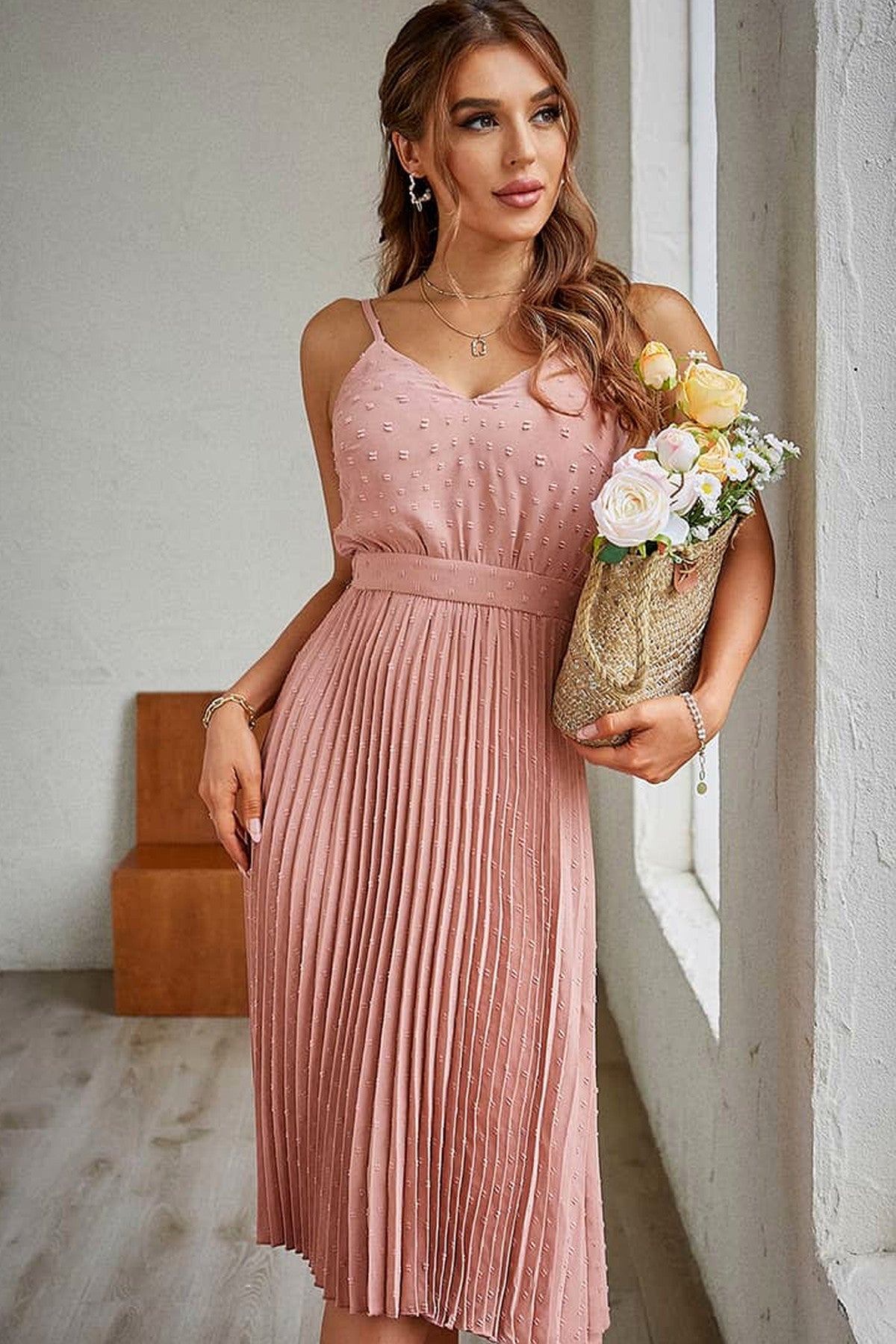 Abito midi da cerimonia Bruna, fantasia a pois, schiena scoperta, rosa cipria e altri colori