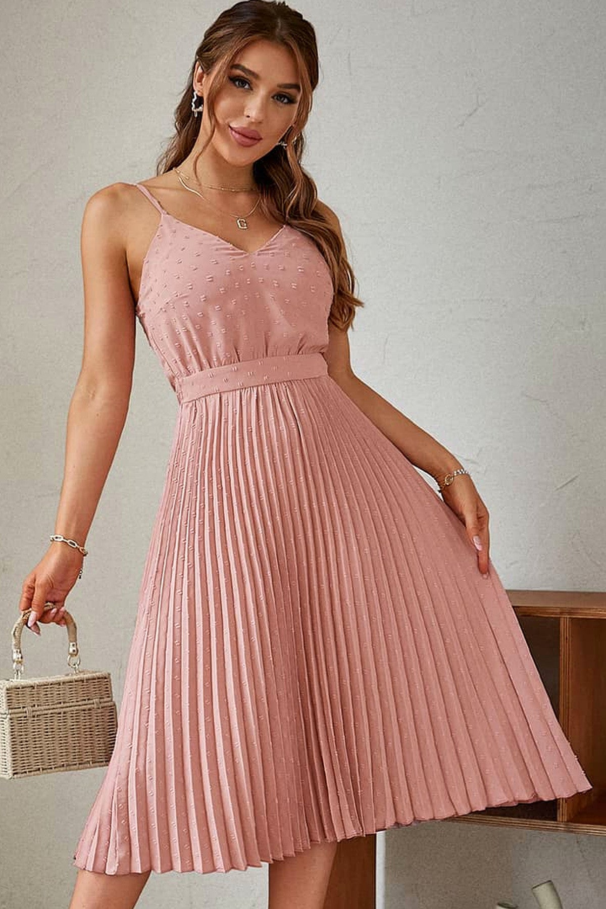 Abito midi da cerimonia Bruna, fantasia a pois, schiena scoperta, rosa cipria e altri colori