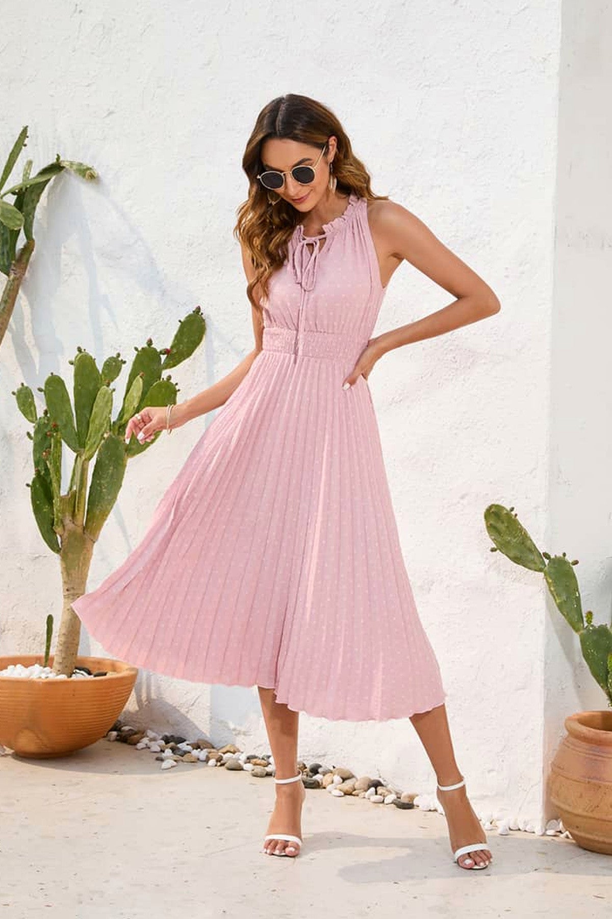 Abito midi da cerimonia Cecilia, scollo a V, senza maniche, rosa