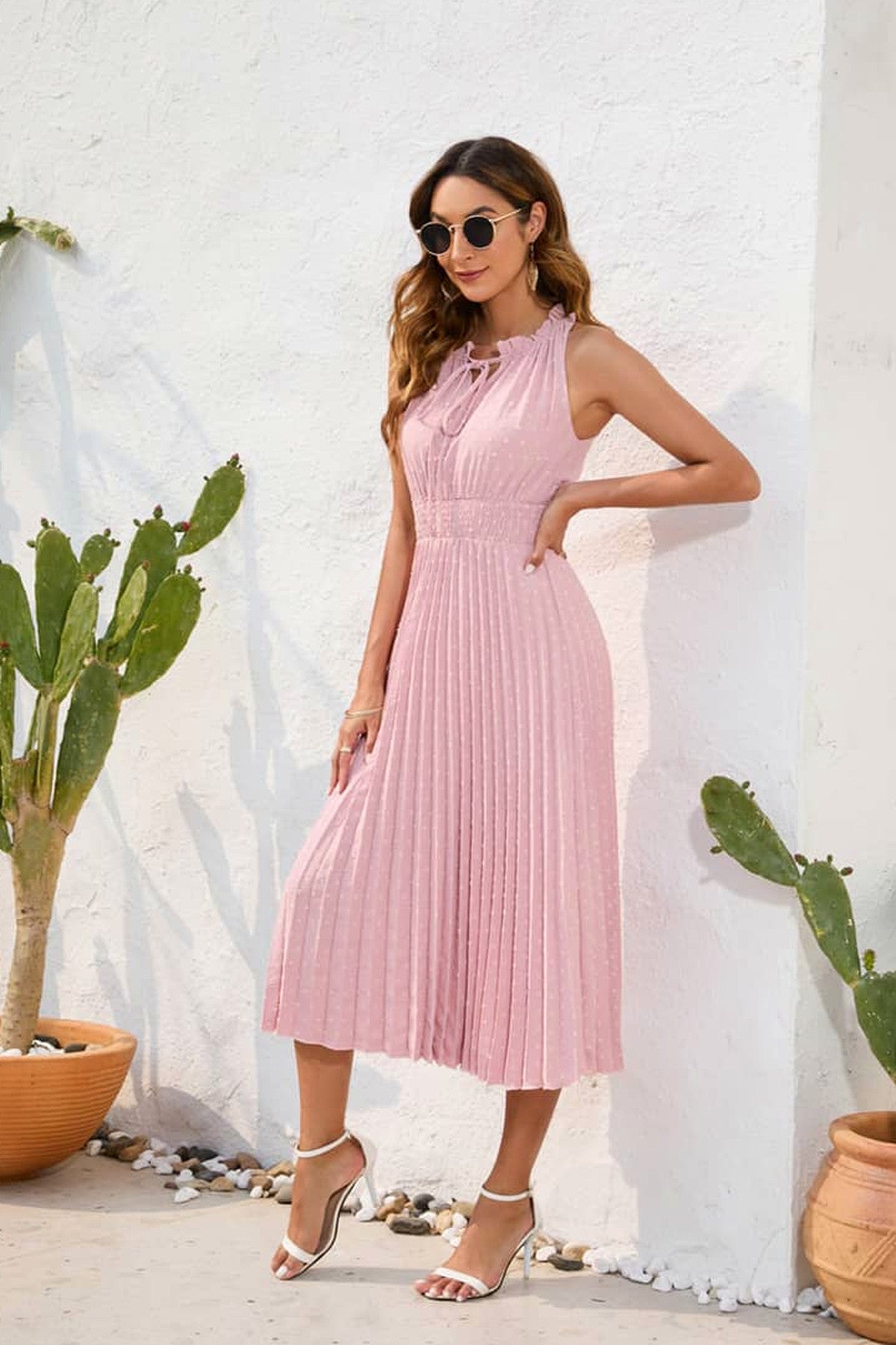 Abito midi da cerimonia Cecilia, scollo a V, senza maniche, rosa